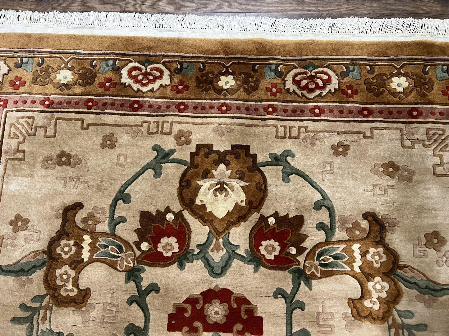 Chinese Wool Rug 5.9 x 9, Tan and Brown Asian Art Deco Carpet, Vintage 1960s Oriental Rug, Hand-Knotted Rug, Soft Wool, Medallion, Pair B - Nuvé