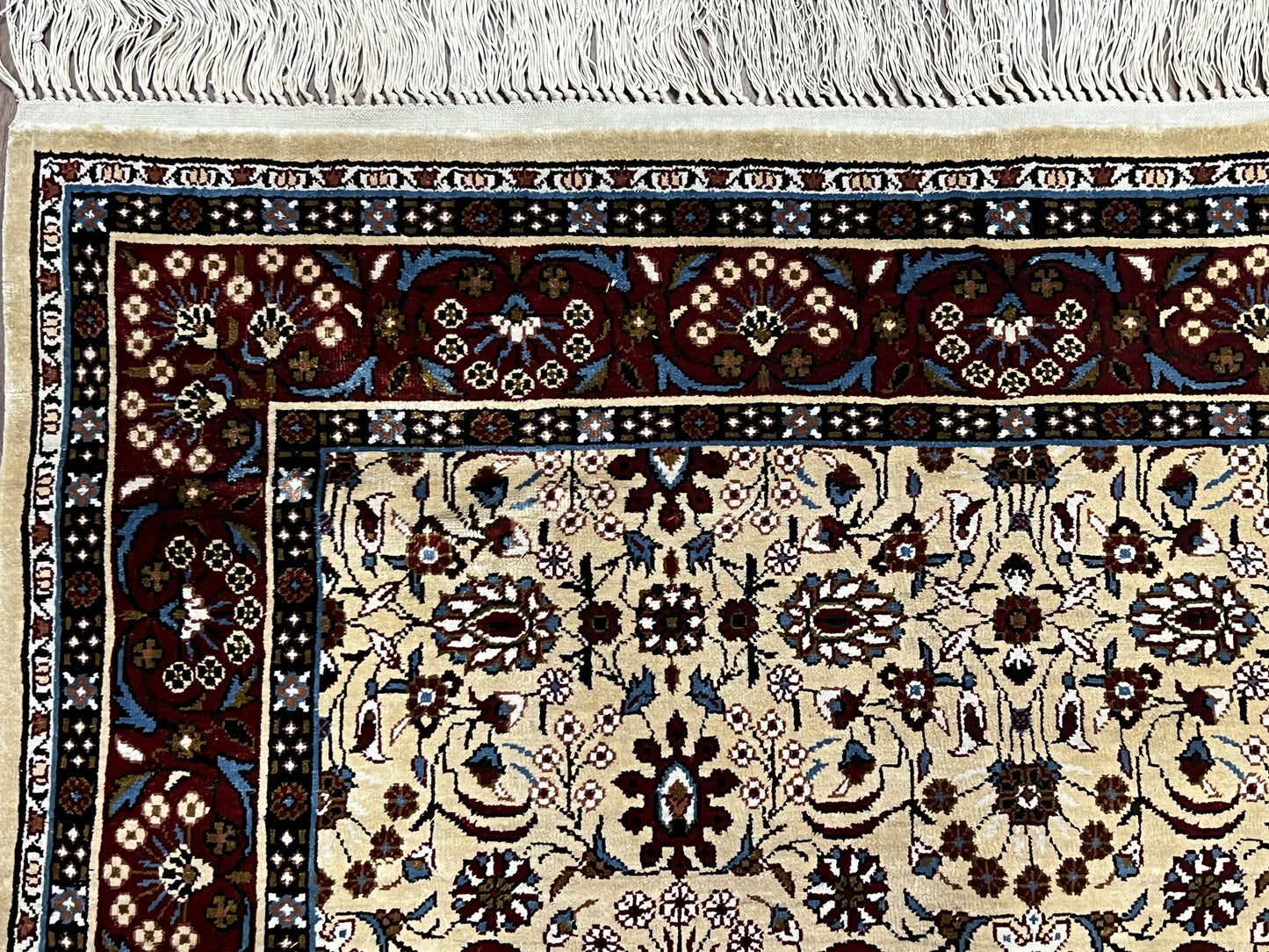Fine Sino-Persian Silk Rug 3x5, High Quality Silk Carpet, Handmade Small Silk Rug, Allover Repeated Motif, Tan Maroon Blue Vintage Silk Rug - Nuvé