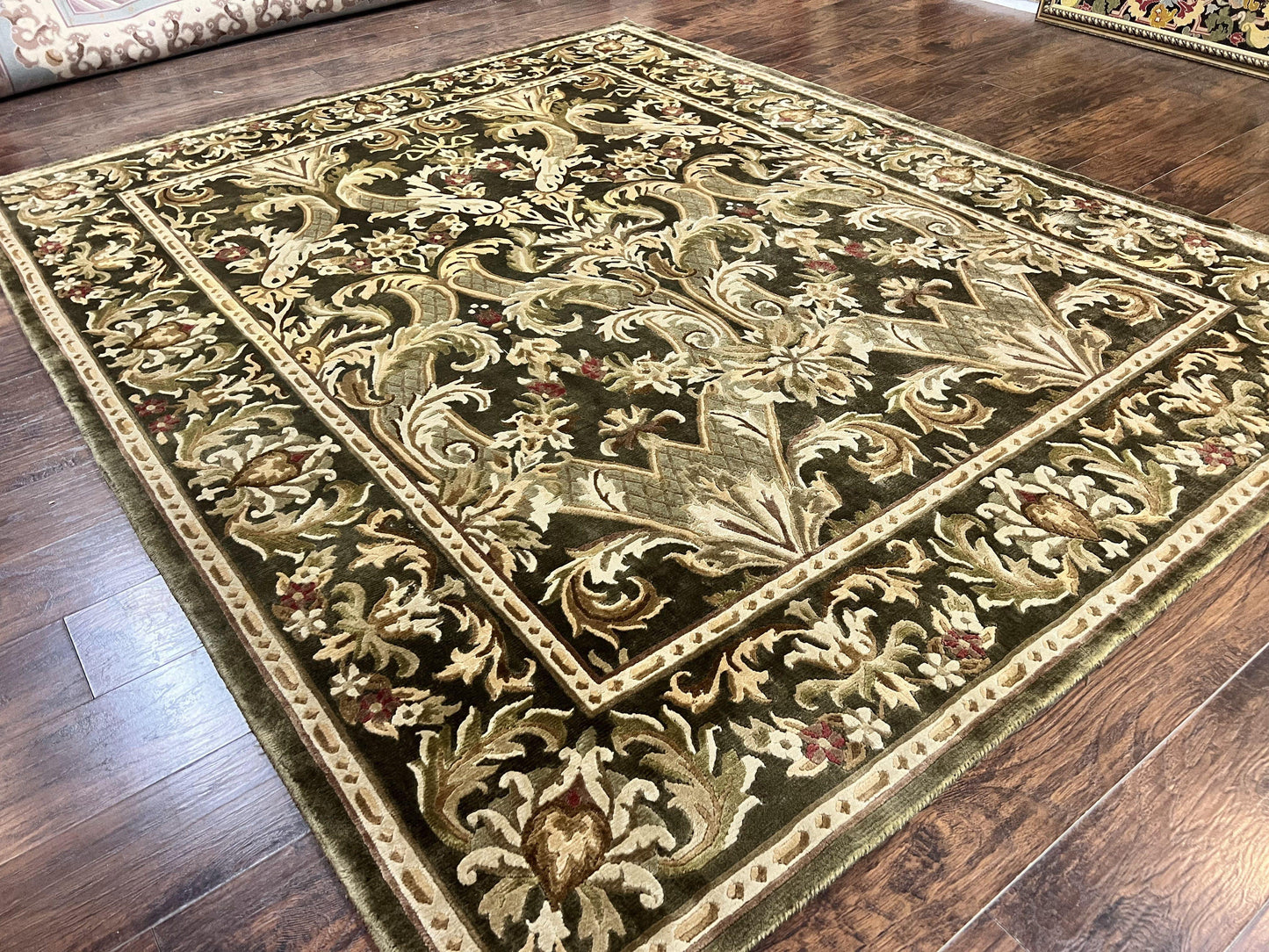 Tibetan Rug 8x10, European Design, Floral, Green, Handmade, Wool, Nepali Rug - Nuvé