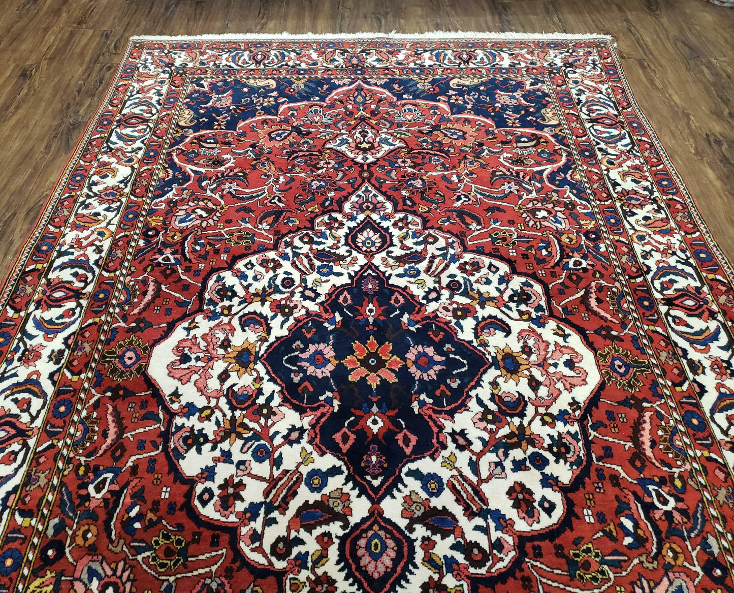 Semi Antique Persian Bakhtiari Rug, Hand-Knotted, Wool, Red, Midnight Blue, Ivory, Floral Medallion, 5'1" x 8' 6" - Nuvé