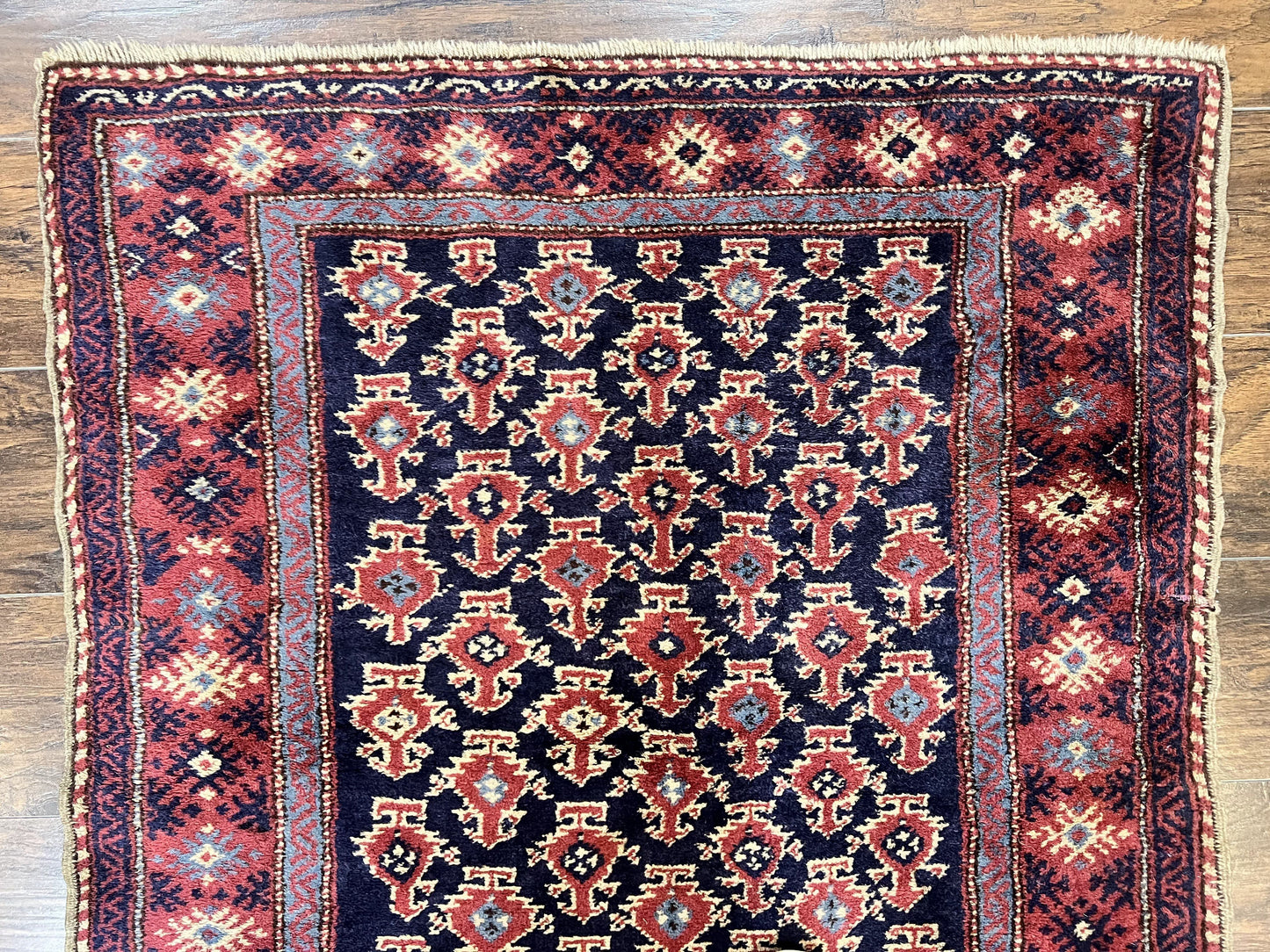 Turkish Sparta Rug 3x4, Allover Pattern, Navy Blue and Red, Antique Ispara Oriental Carpet 3 x 4, Small Turkish Handmade Vintage Wool Rug - Nuvé