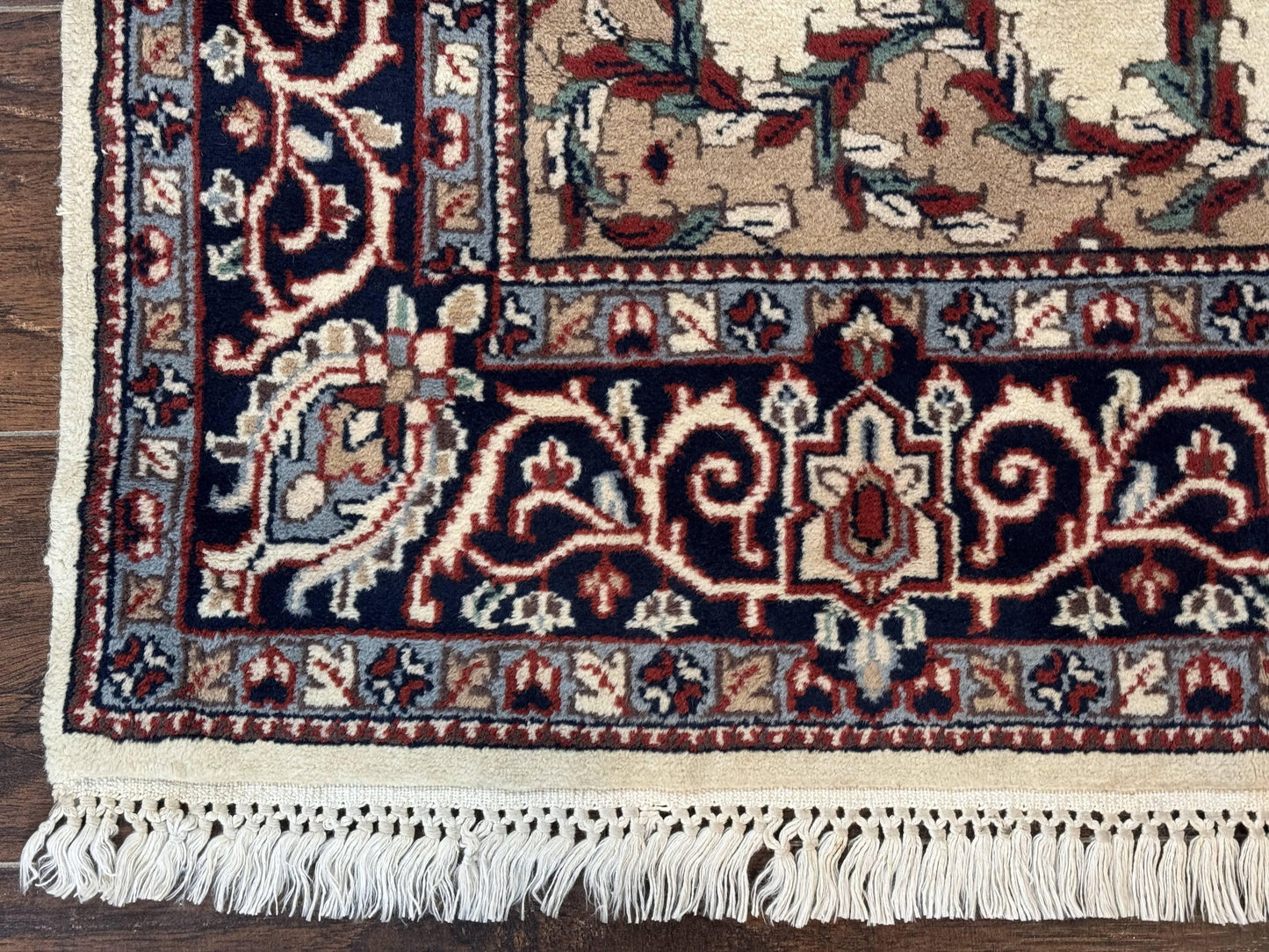 Indian Kashmiri Rug 4x6, Ivory Beige Navy Blue, Traditional Indo Persian Rug - Nuvé