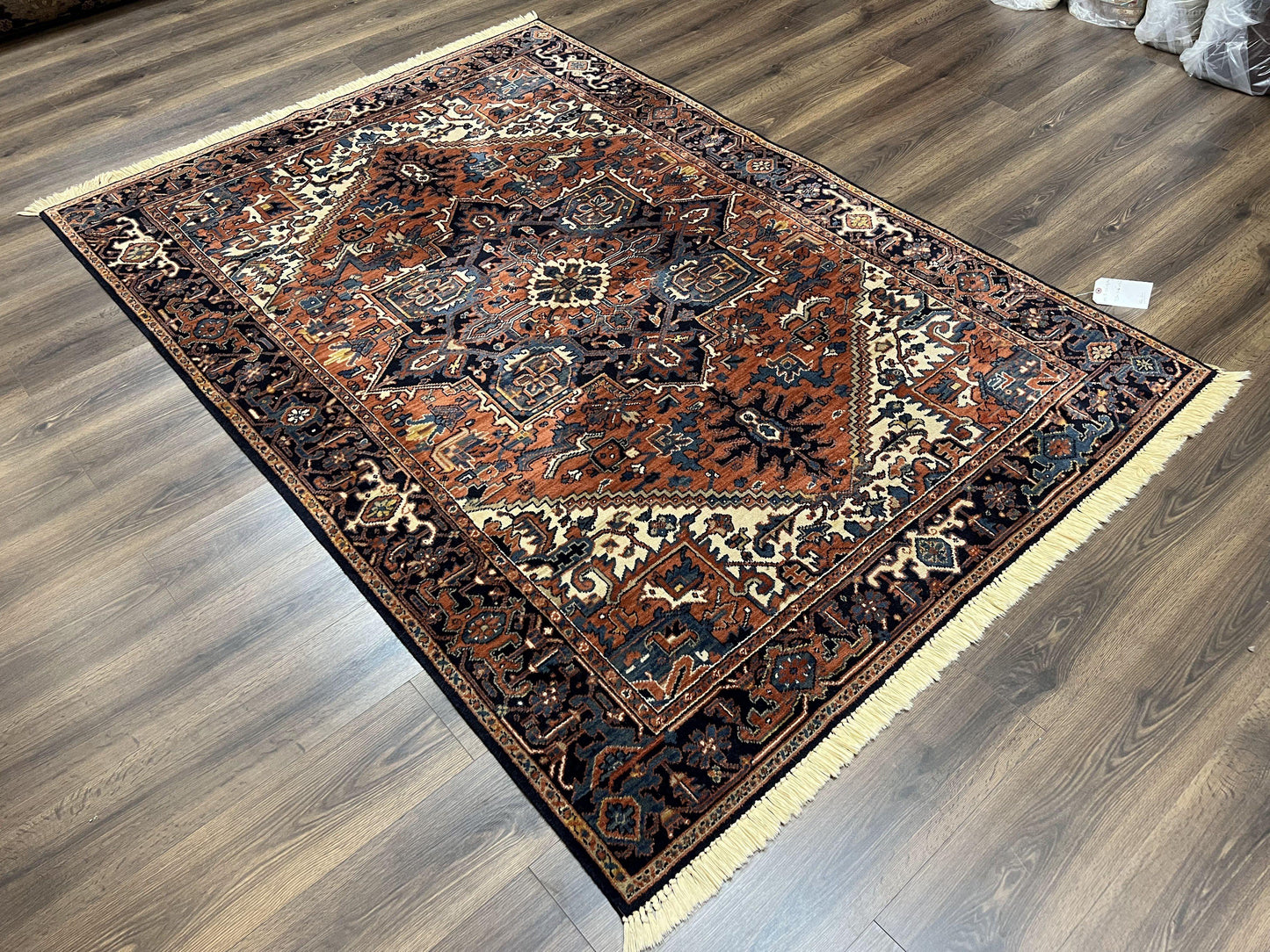 Heriz Rug 5.6 x 8, Geometric Medallion, Wool Oriental Carpet, Tribal Boho Rug, Red Navy Blue Cream, Belgium Power Loomed Rug, Medium Sized - Nuvé