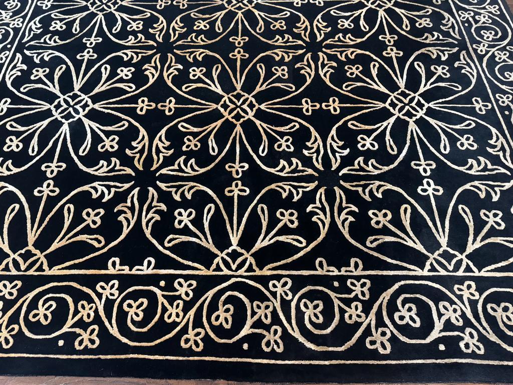 Tibetan Rug 8x10, Wool and Silk, Raised Pattern, Black and Gold, Floral - Nuvé