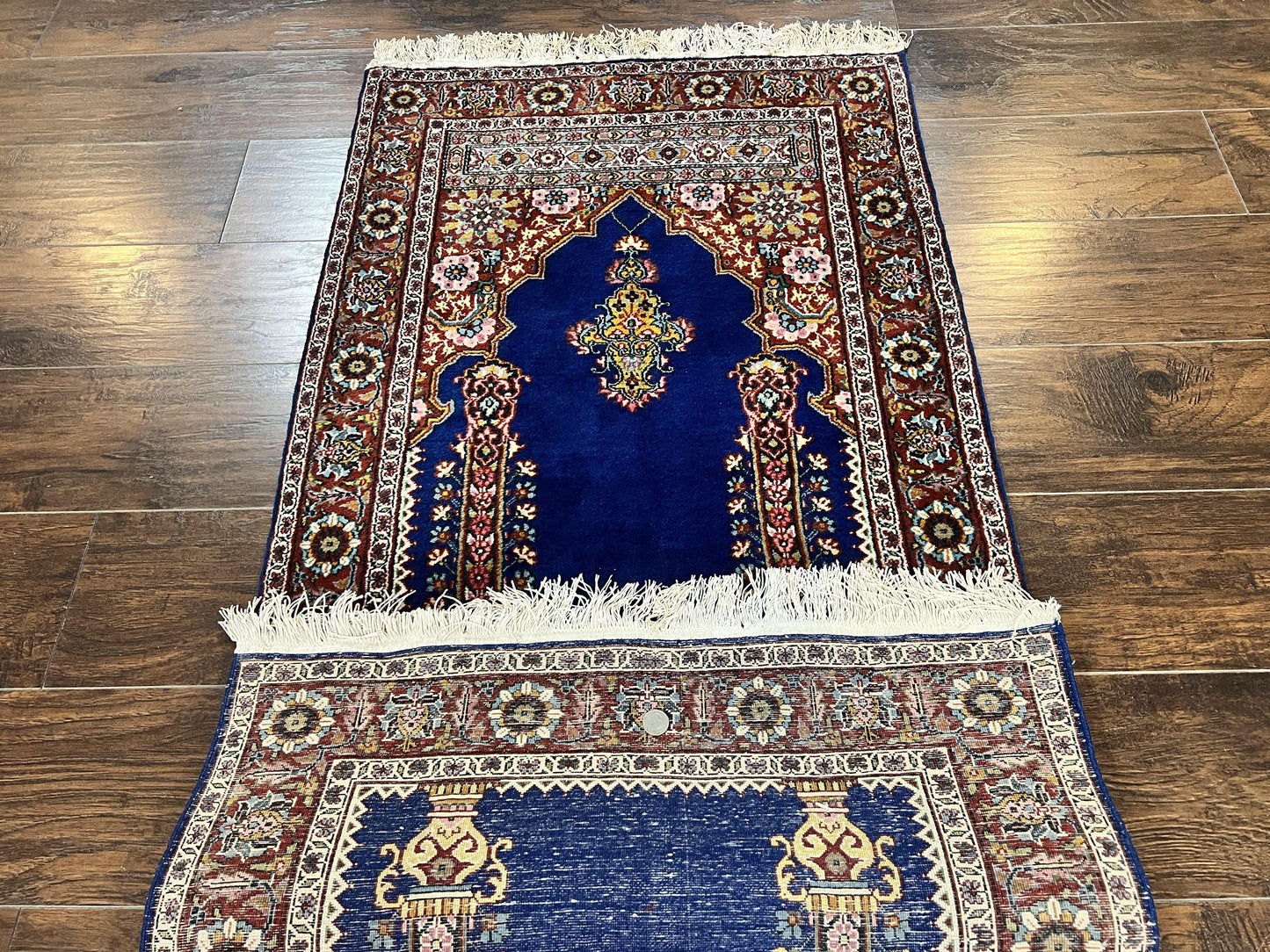 Indo Persian Prayer Rug 3x5, Fine Oriental Carpet, Dark Blue and Red, Vintage Hand Knotted Handmade Prayer Rug - Nuvé