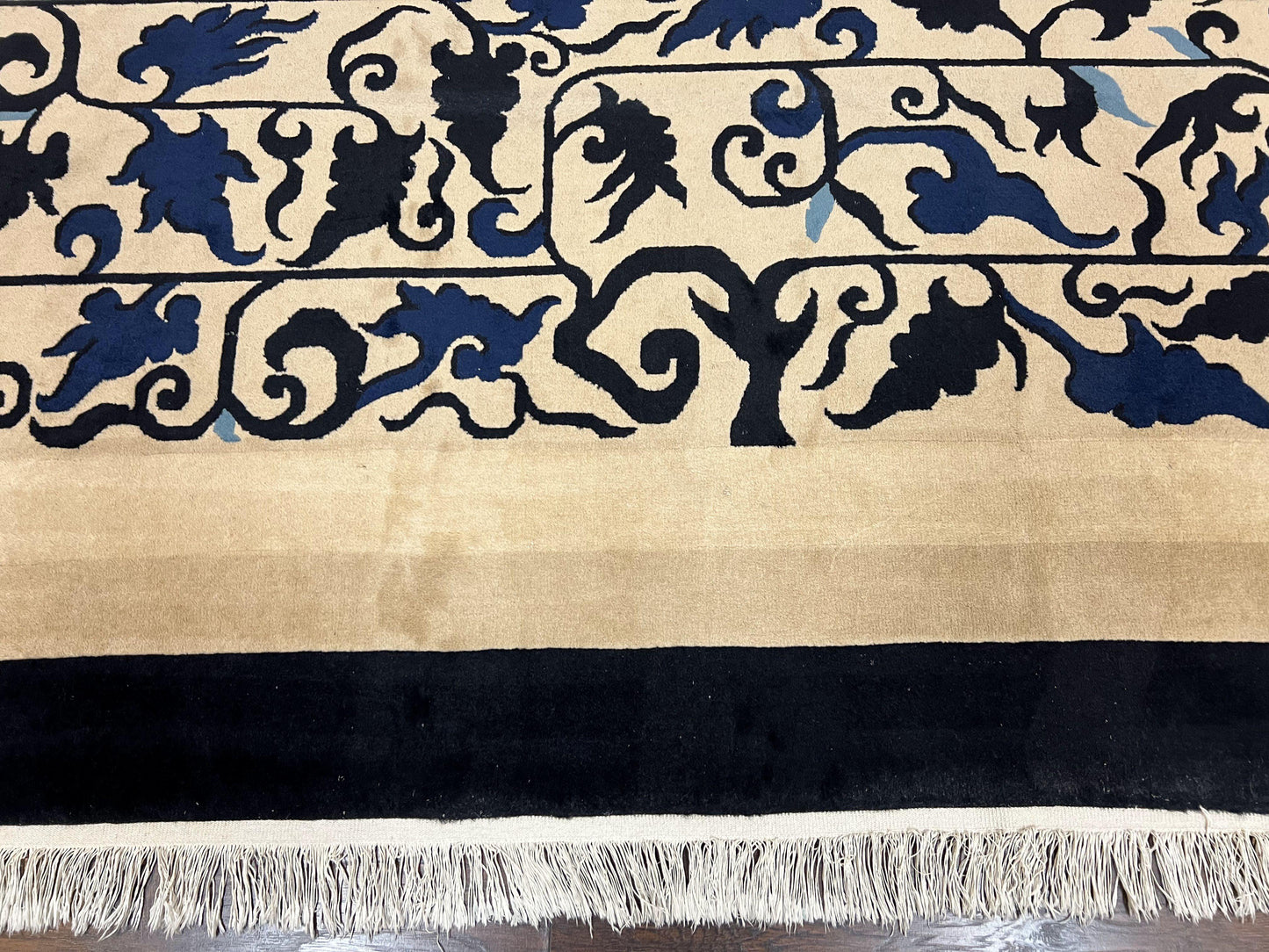 Antique Chinese Peking Rug 10x14, Beige Black, Handmade Wool Art Deco Carpet - Nuvé
