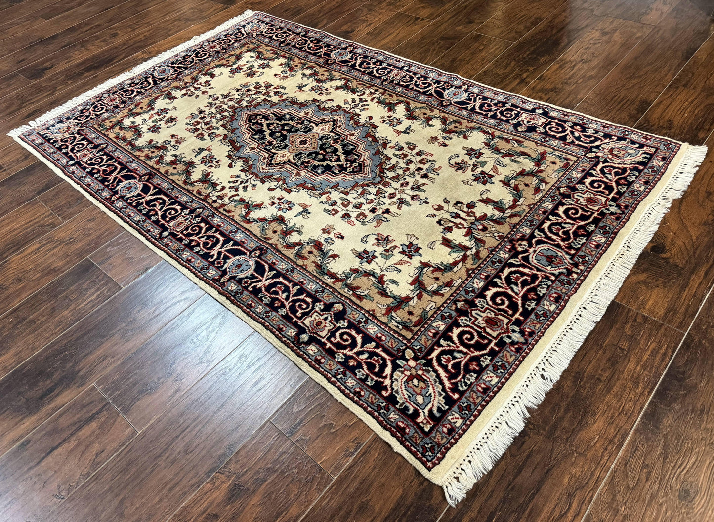 Indian Kashmiri Rug 4x6, Ivory Beige Navy Blue, Traditional Indo Persian Rug - Nuvé