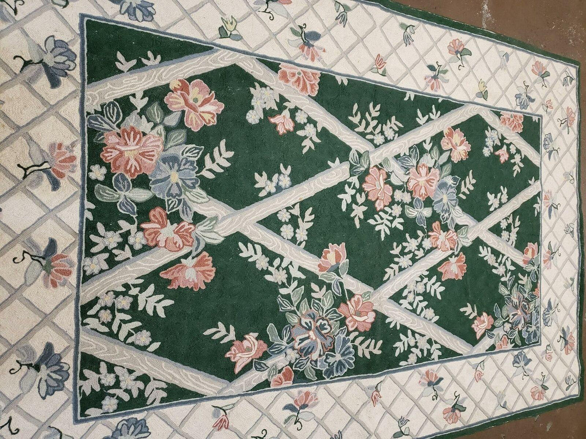 3' 6" X 5' 6" Hand Stitched Indian Wool Rug with Backing Green Beige
