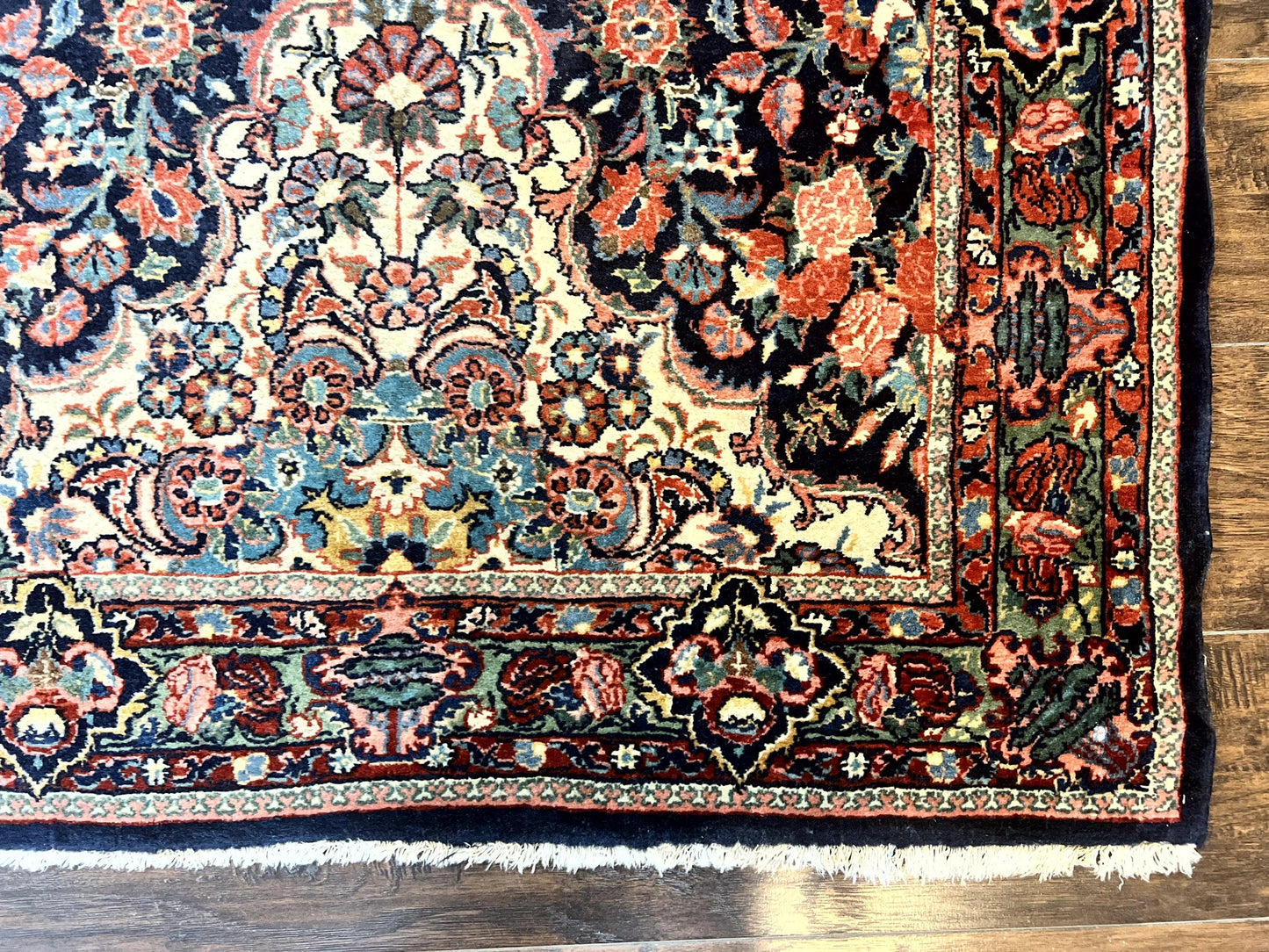 Persian Saoruk Rug 4x5, Navy Blue and Red, Floral, Antique Persian Wool Carpet, Handmade - Nuvé