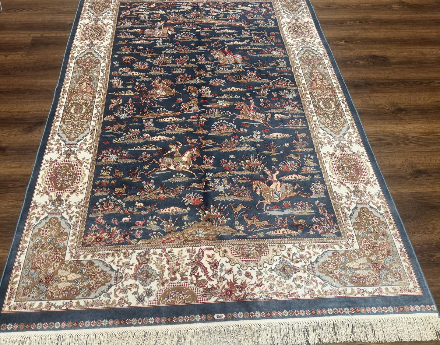 Turkish Silk Rug 5x8, Hunting Design, Animal Pictorials, Steel Blue & Ivory, Bamboo Silk - Nuvé
