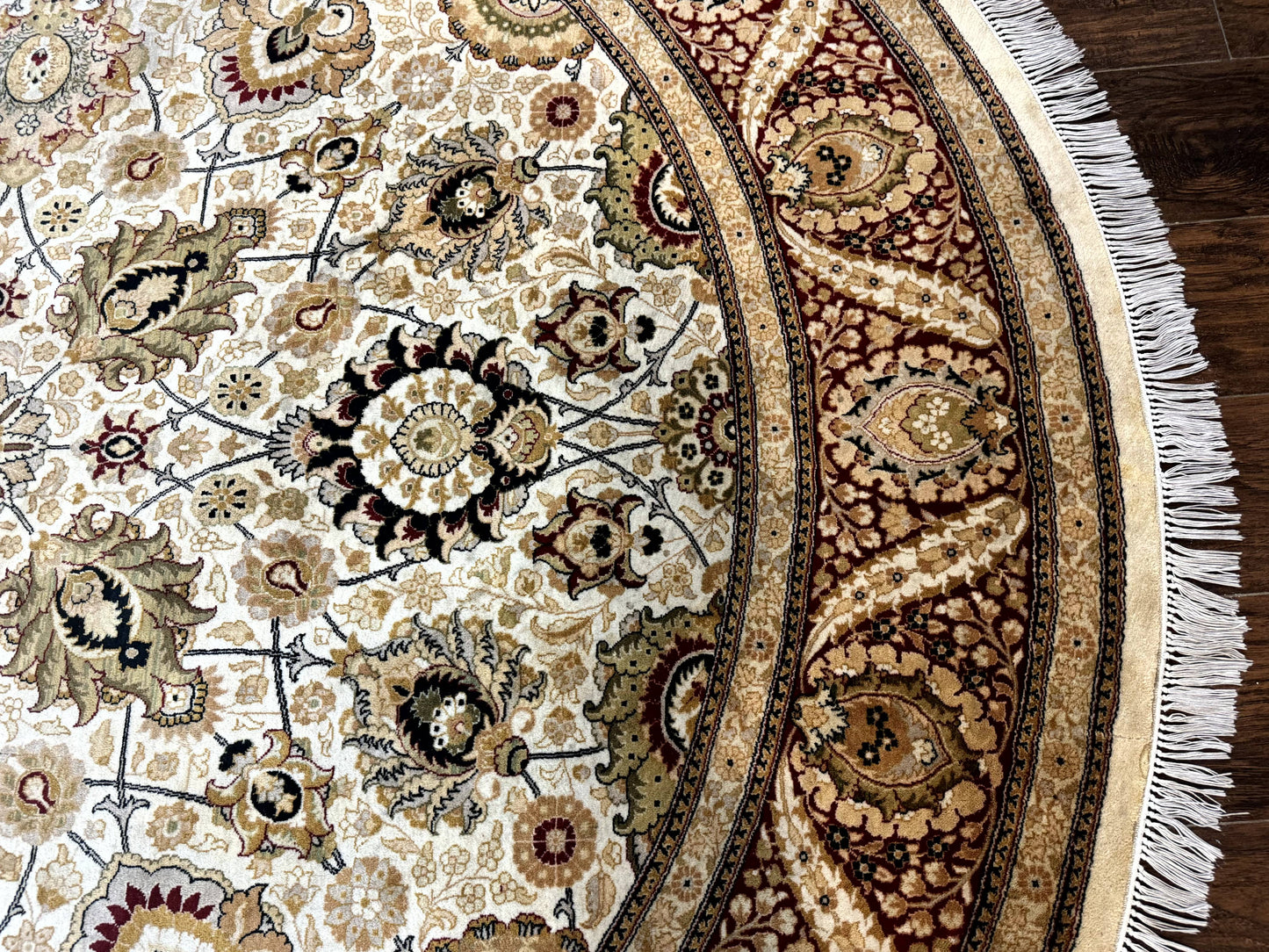 Round Pak Persian Rug 8x8, Vintage Handmade Wool Traditional Carpet, Beige Dark Red, Fine 270 KPSI - Nuvé