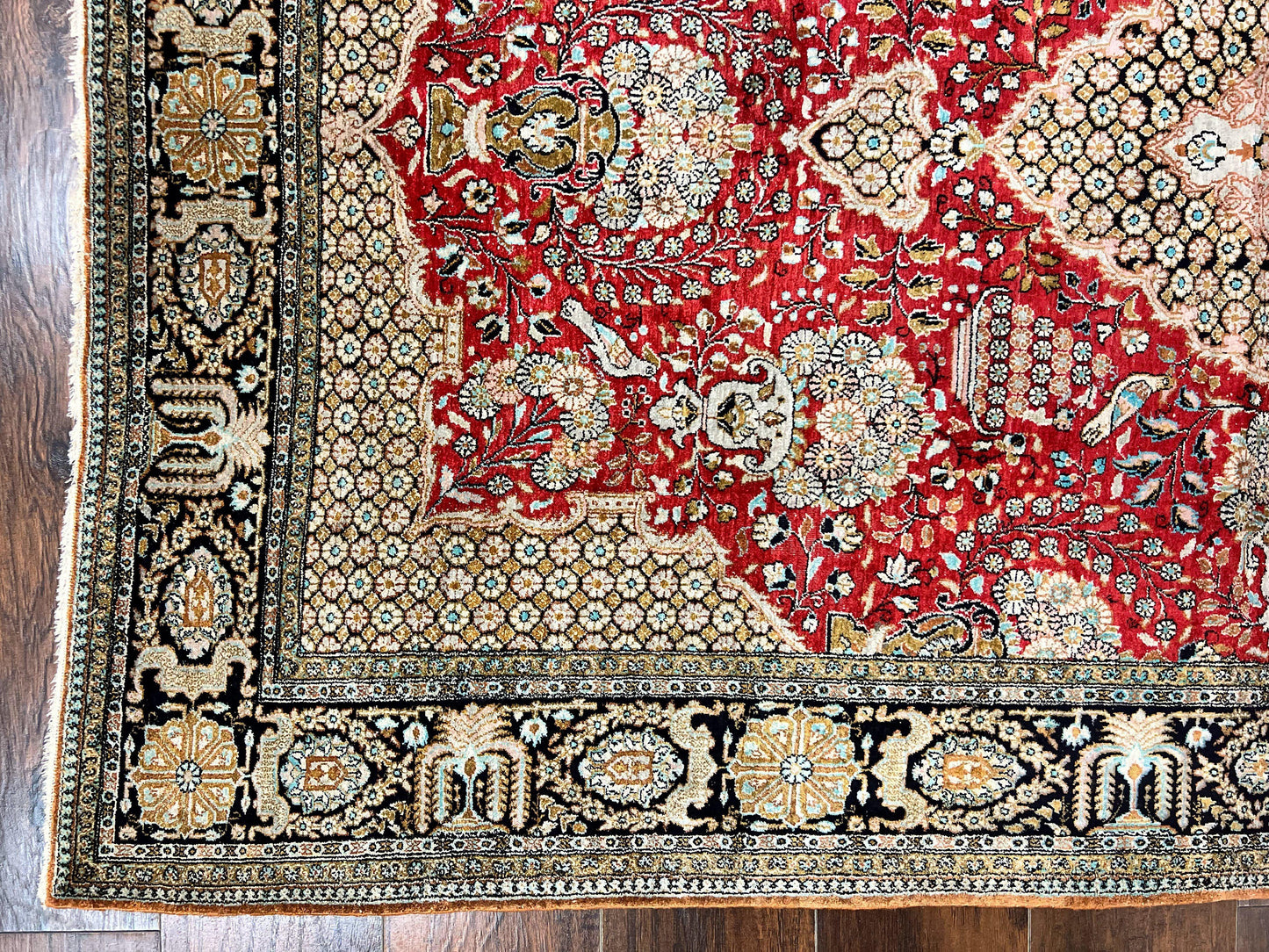 Wonderful Persian Silk Rug 5x7, Birds Floral Vases, Red, Hand Knotted Silk Fine Oriental Carpet, Handmade Vintage, Persian Qum Rug, 400 KPSI - Nuvé