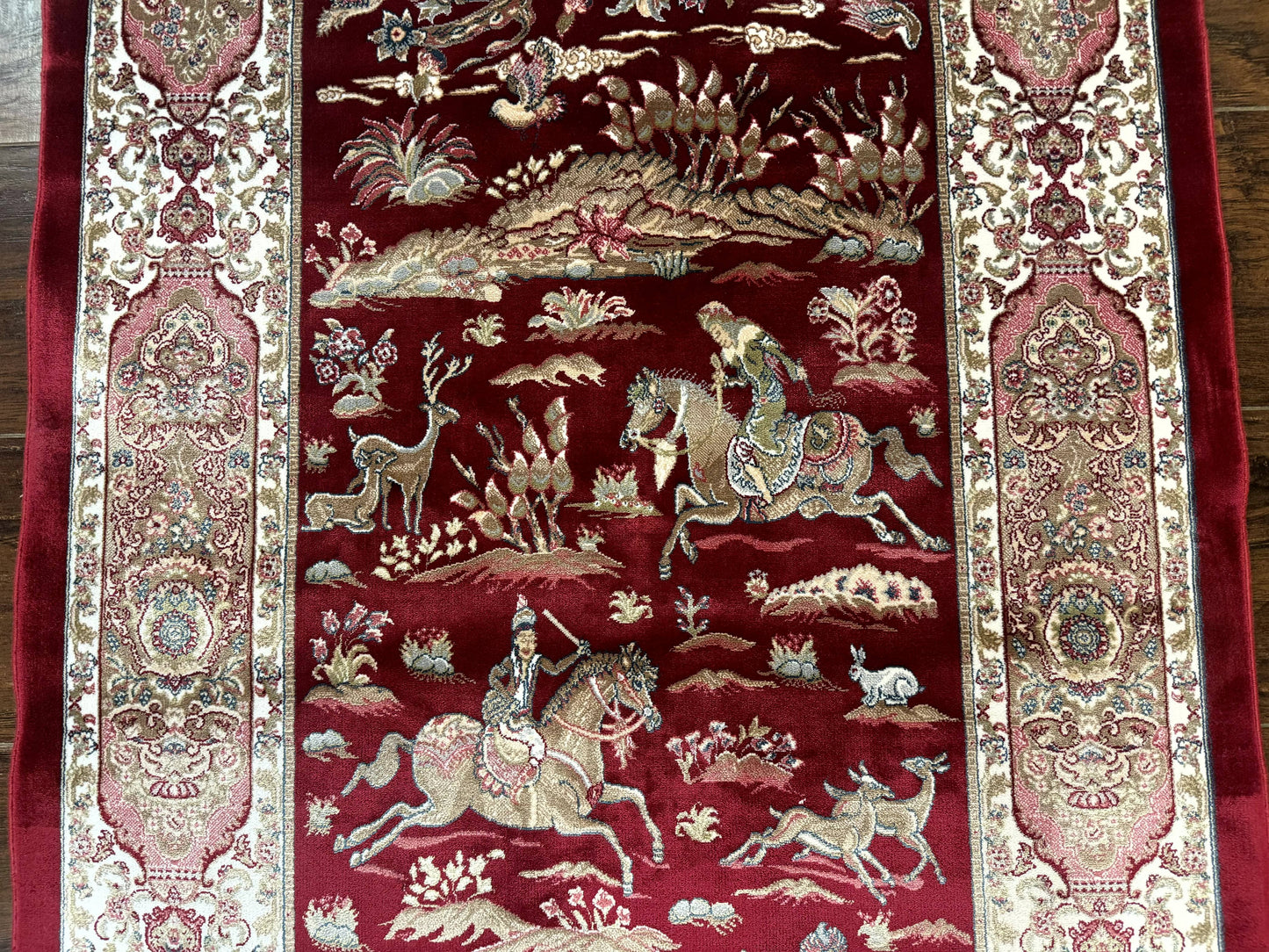 Dark Red Turkish Silk Rug 2.6 x 4, Hunting Design Scene, Bamboo Silk - Nuvé