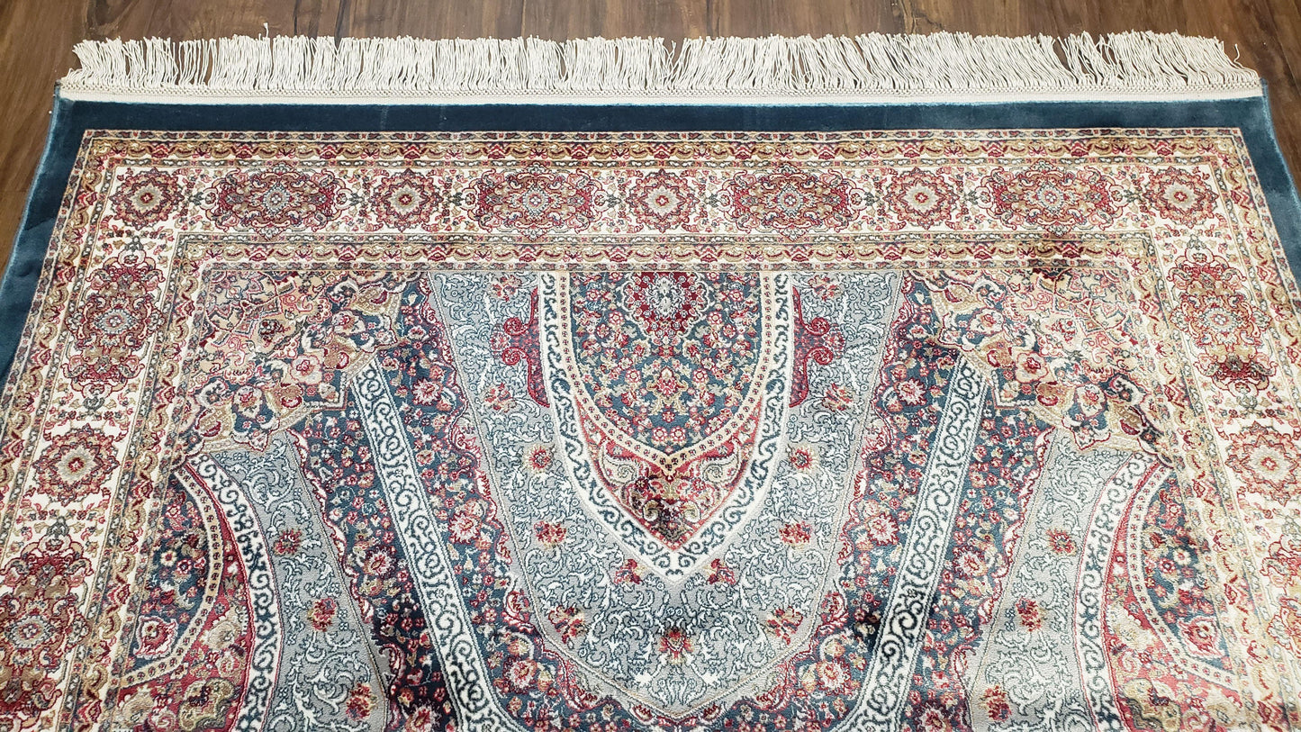 4x6 Silk Carpet, Light Blue & Beige Oriental Rug 4 x 6ft, Traditional Design Medallion All Over, Bamboo Silk, Super Fine, High Quality, Soft - Nuvé