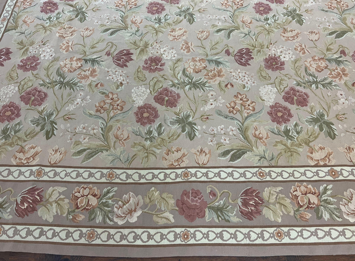 Aubusson Rug 9x12, Pink Beige Light Mauve, Handmade Allover Floral Roses, Wool Flatweave Carpet 9 x 12 ft, European French Design, Elegant - Nuvé