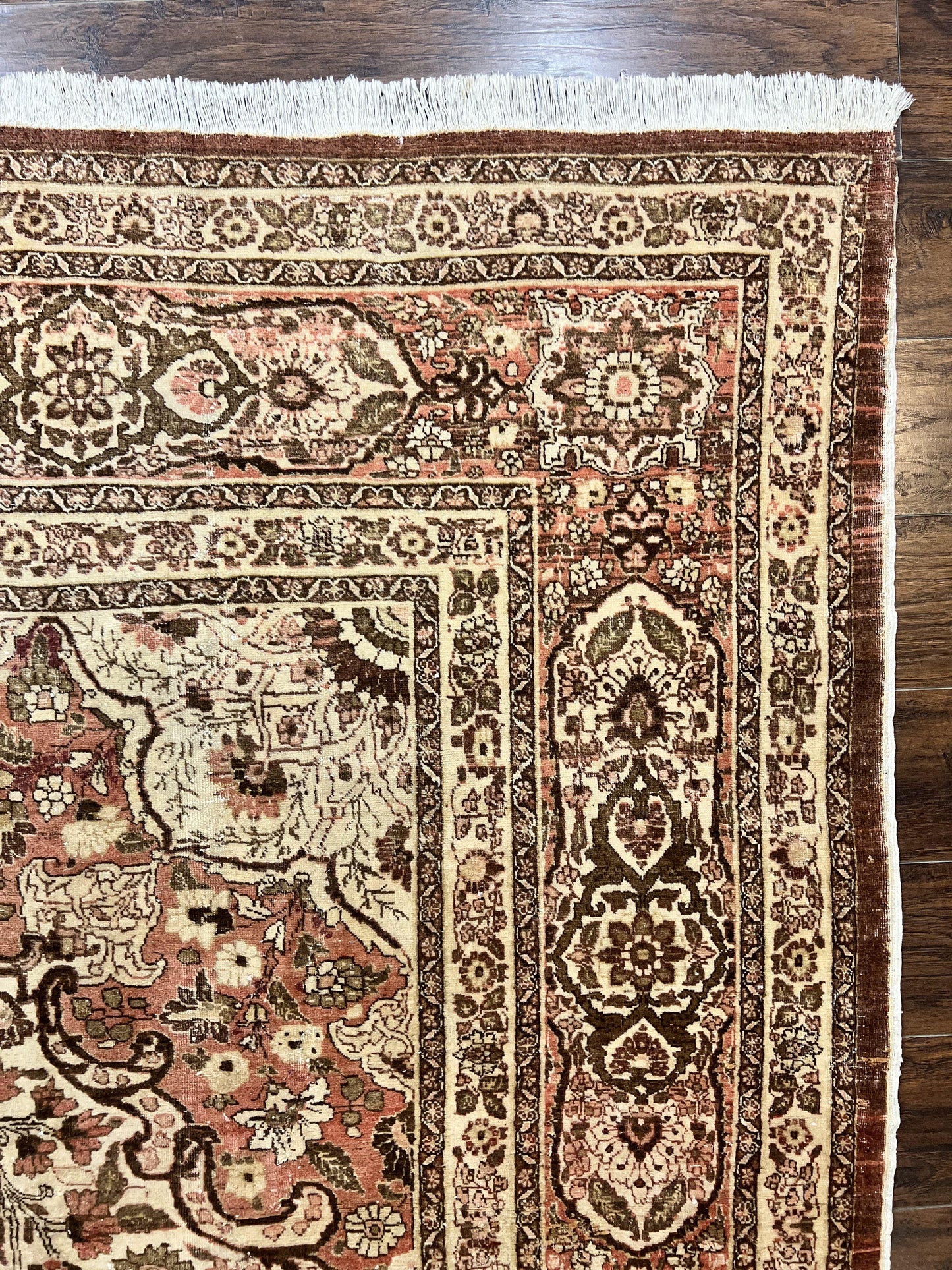 Antique Persian Tabriz Rug 10x12, Wool Hand Knotted Oriental Carpet, Beige Light Red, Floral Medallion - Nuvé