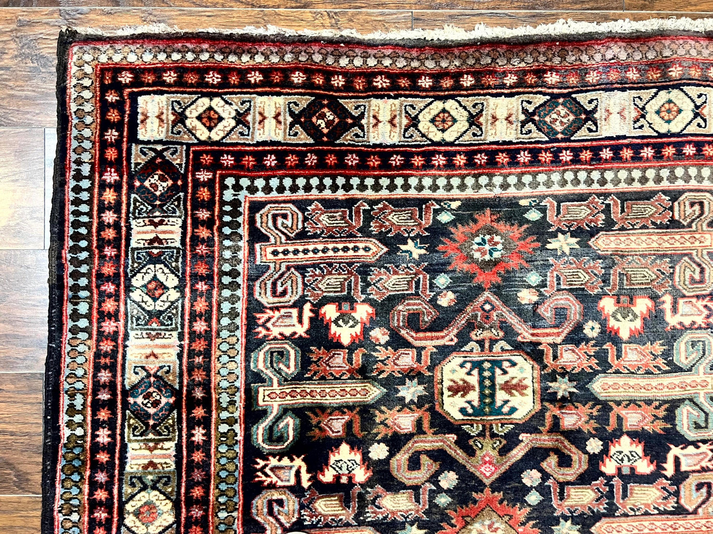 Persian Wide Runner Rug 4.8 x 10, Persian Kalegi Ardabil Rug, Perpedil Caucasian Rug, Antique Handmade Wool Carpet, Navy Blue Red, Tribal Rug - Nuvé