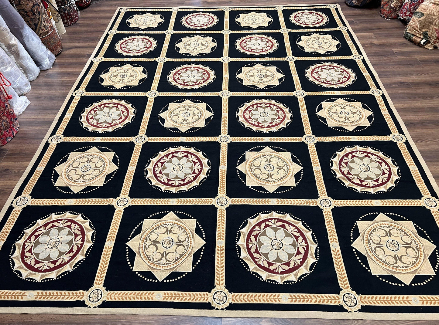 Large Needlepoint Rug 10x13, Panel Design, Black and Beige, Wool Needlepoint Carpet 10 x 13, English Garden, Handwoven Area Rug, Living Room - Nuvé