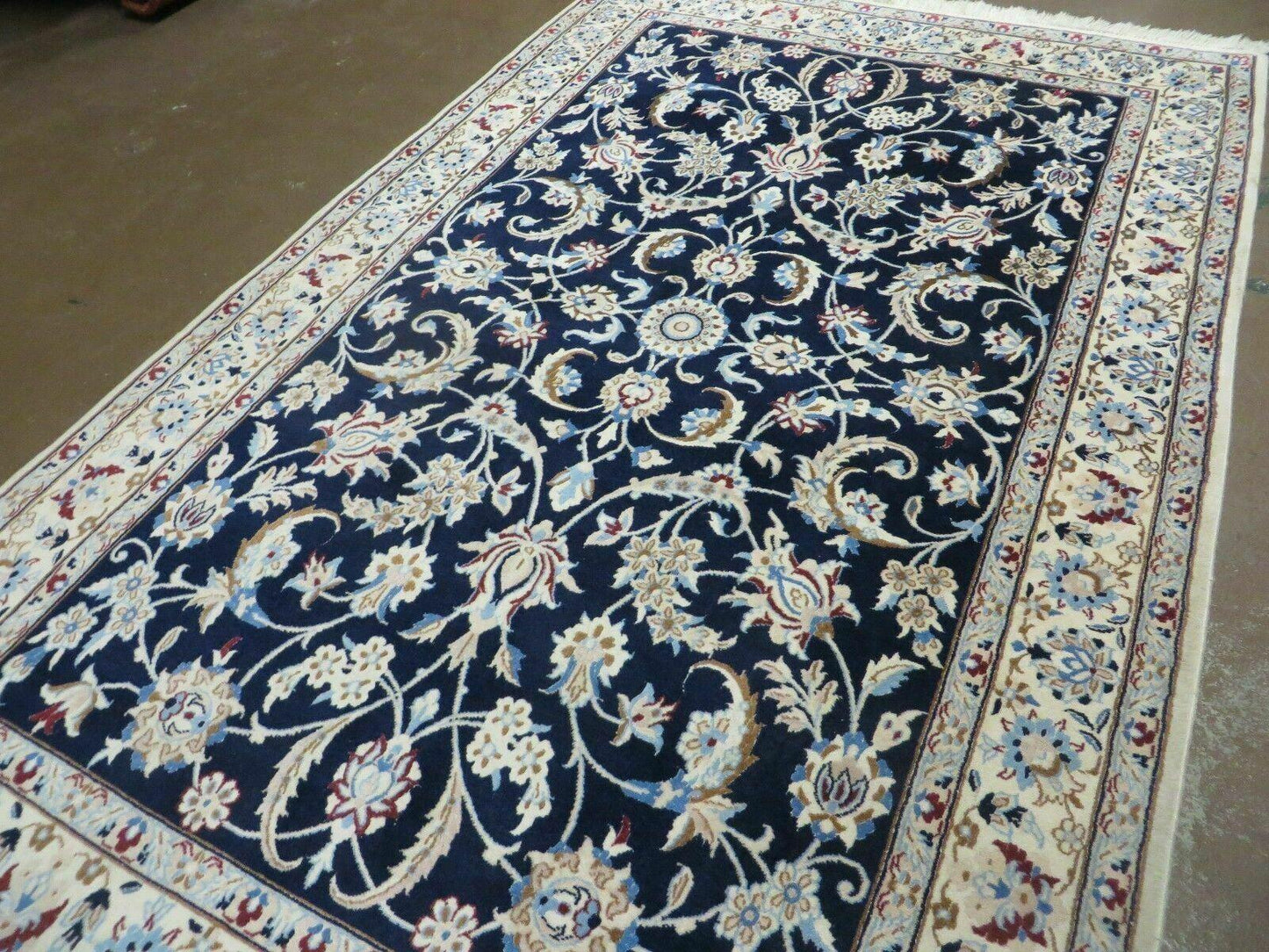 Persian Nain Rug 4x7, Navy Blue and Ivory, Handmade, Wool & Silk Highlights, Fine Oriental Rug, Vintage - Nuvé