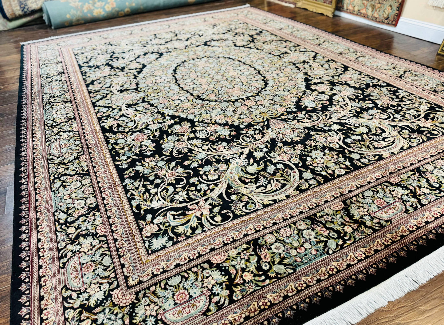 Pak Persian Rug 9x12, Highly Detailed Fine 260 KPSI, Floral, Handmade Traditional Carpet, Black - Nuvé