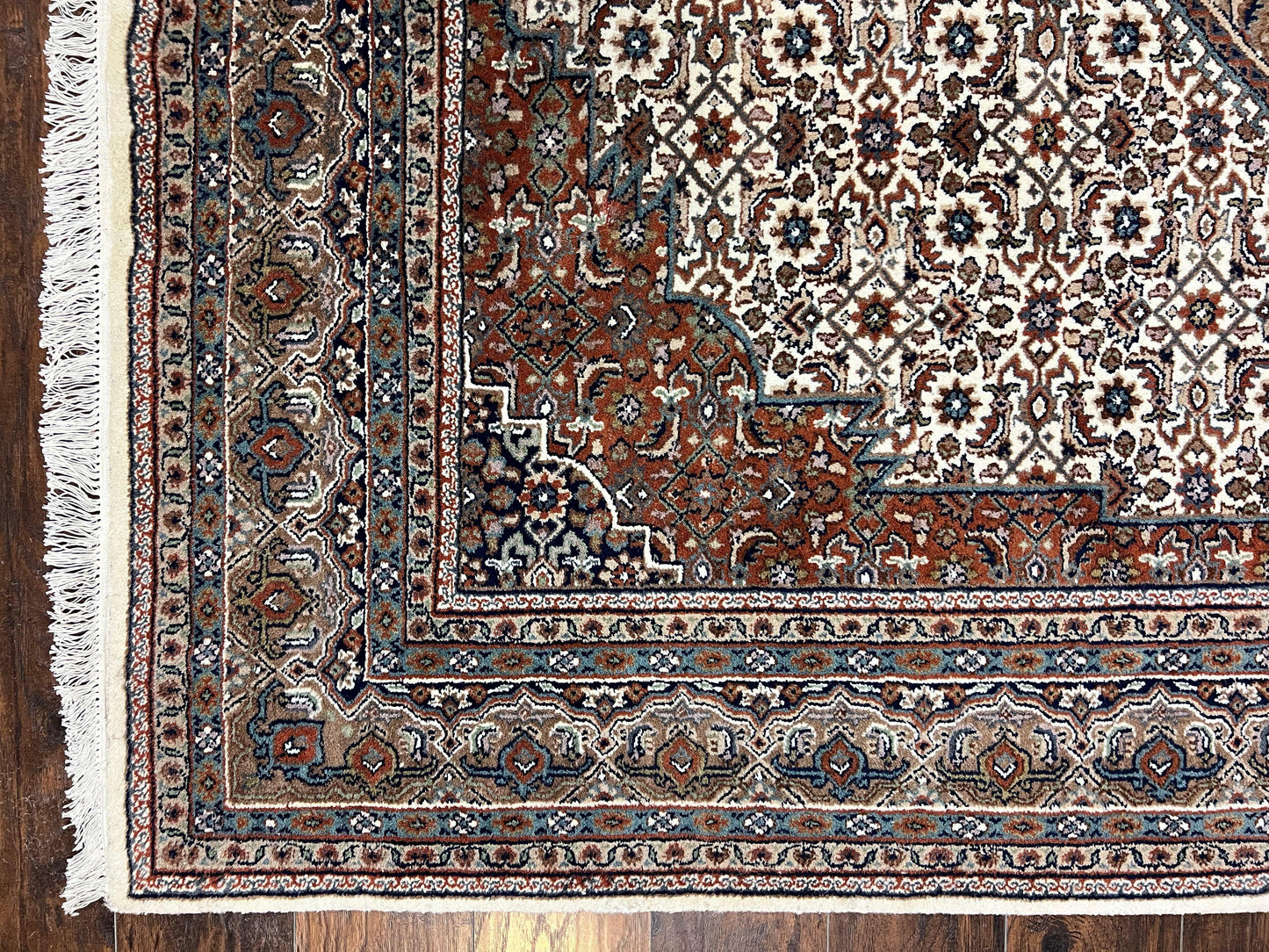 Indo Persian Rug 7x10 ft, Hand Knotted Wool Vintage Oriental Carpet 7 x 10, Traditional Handmade Herati Bidjar Cream Rug, Medallion Rug - Nuvé