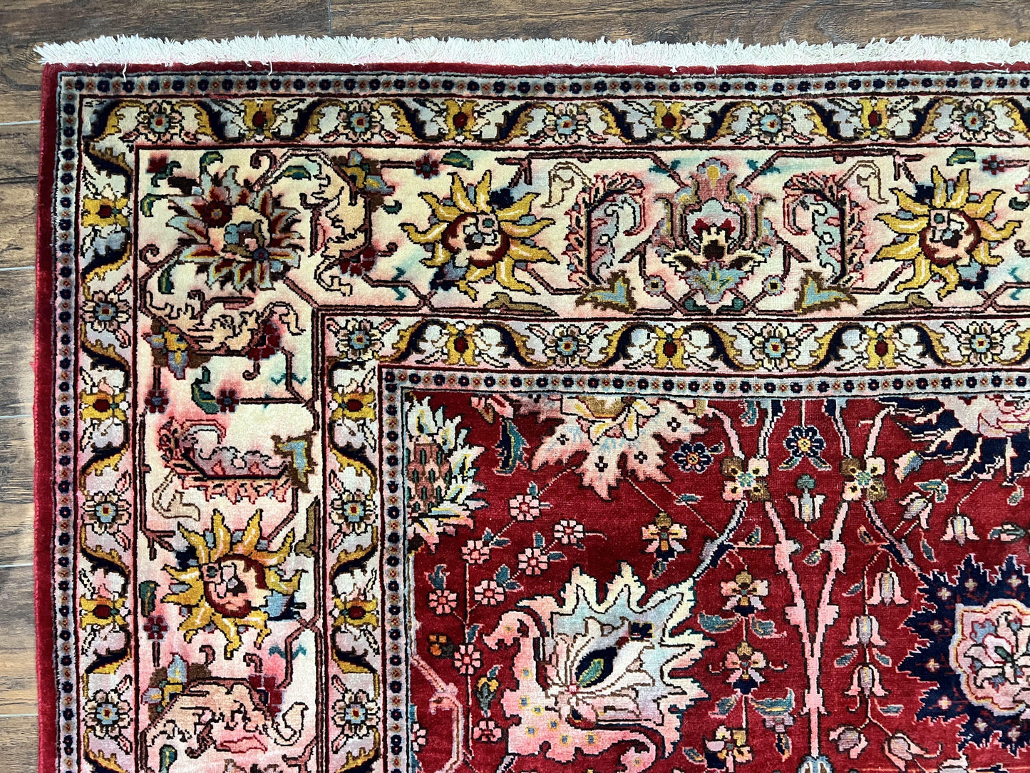 Persian Tabriz Rug 10x12, Floral Allover, Handmade Vintage Wool Carpet, Red and Cream - Nuvé