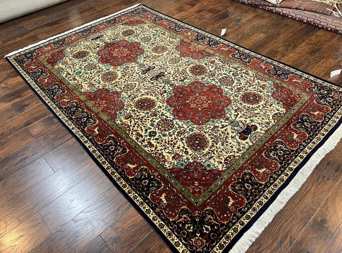 Wonderful Sino Persian Rug 6x10 with Animal Pictorial Motifs, Cream Dark Red Navy Blue, Birds Gazelles, Two Medallions, Top Quality Handmade - Nuvé