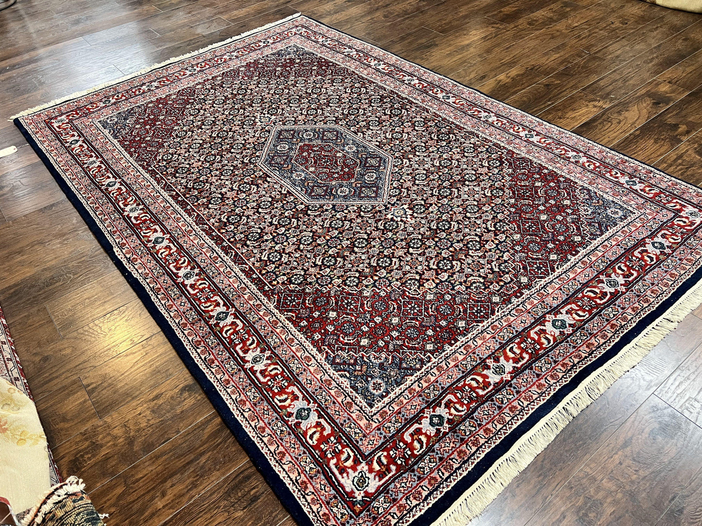 Indo Persian Rug 7x10, Dark Blue and Red Hand Knotted Wool Vintage Oriental Carpet 7 x 10 ft, Handmade Bidjar Rug, Herati Pattern Indian Rug - Nuvé