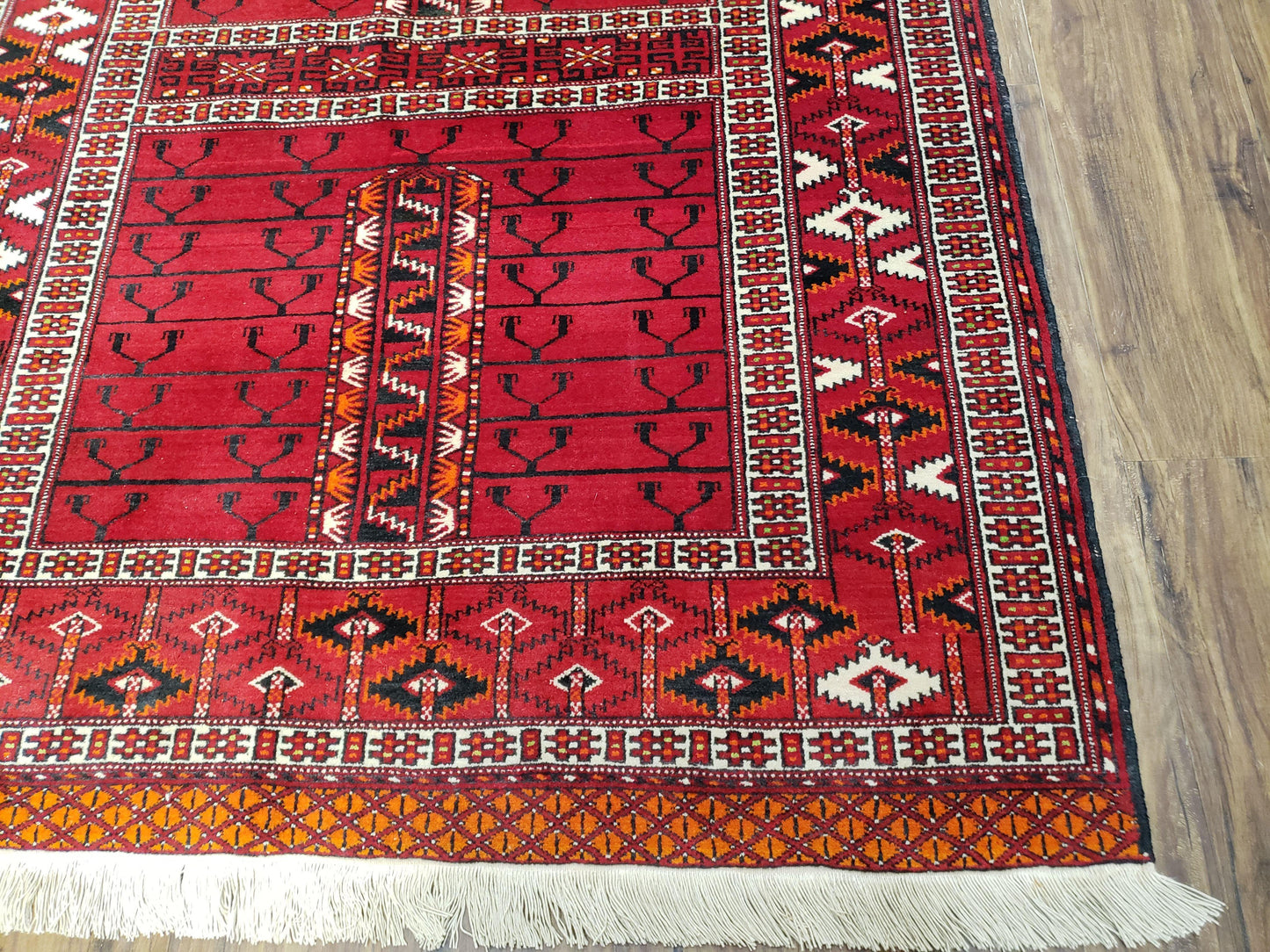 Antique Persian Turkoman Rug 4x5, Hatchli Tekkeh Ersari Red Tribal Rug, Handmade Wool Oriental Carpet, Four Seasons Rug - Nuvé