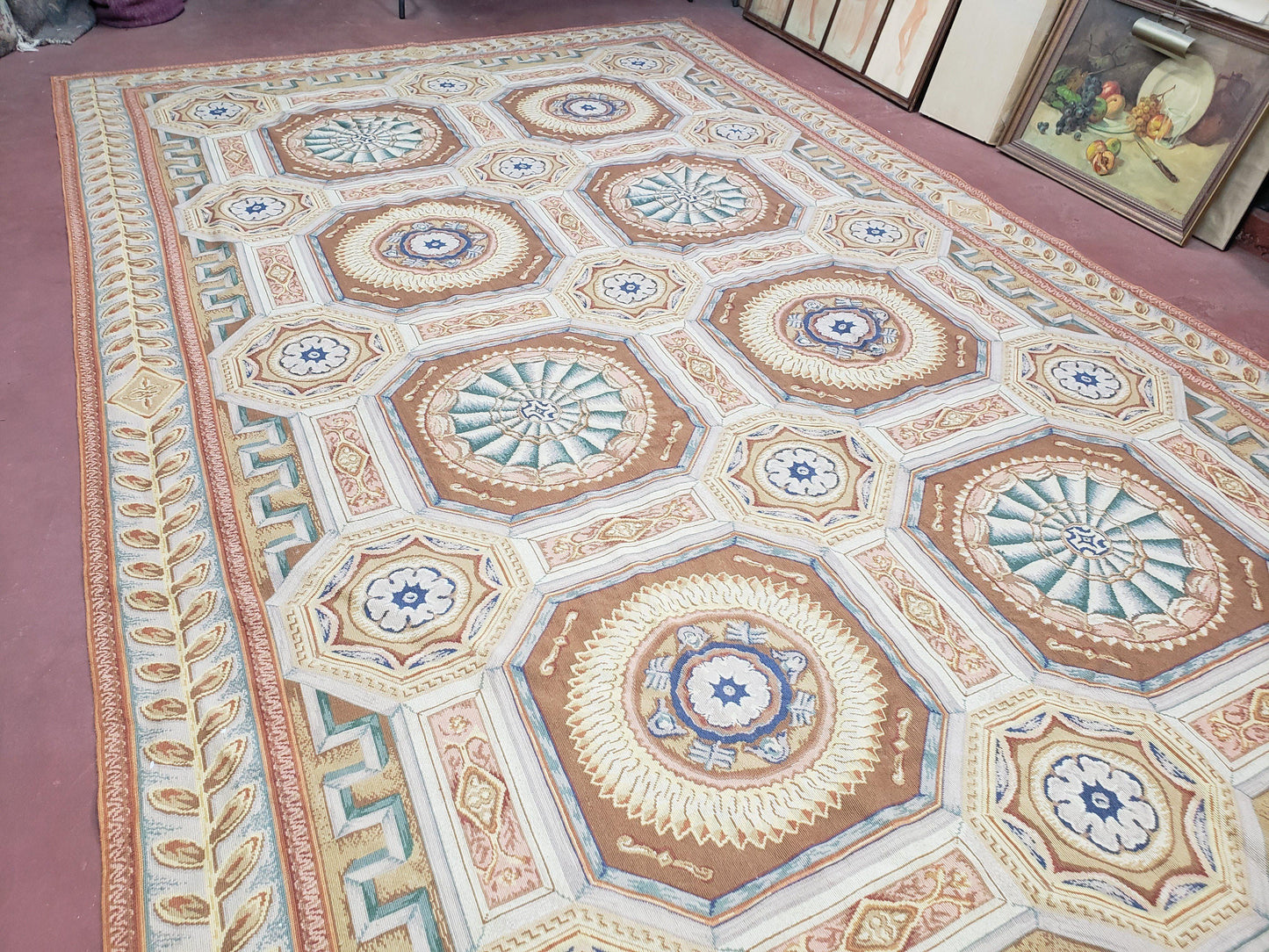 New Chinese Needlepoint Rug 8x14 - 9x14, French European Panel Design, Elegant Dining Room Rug, Flatweave Hand Woven Carpet, Handmade, Wool - Nuvé