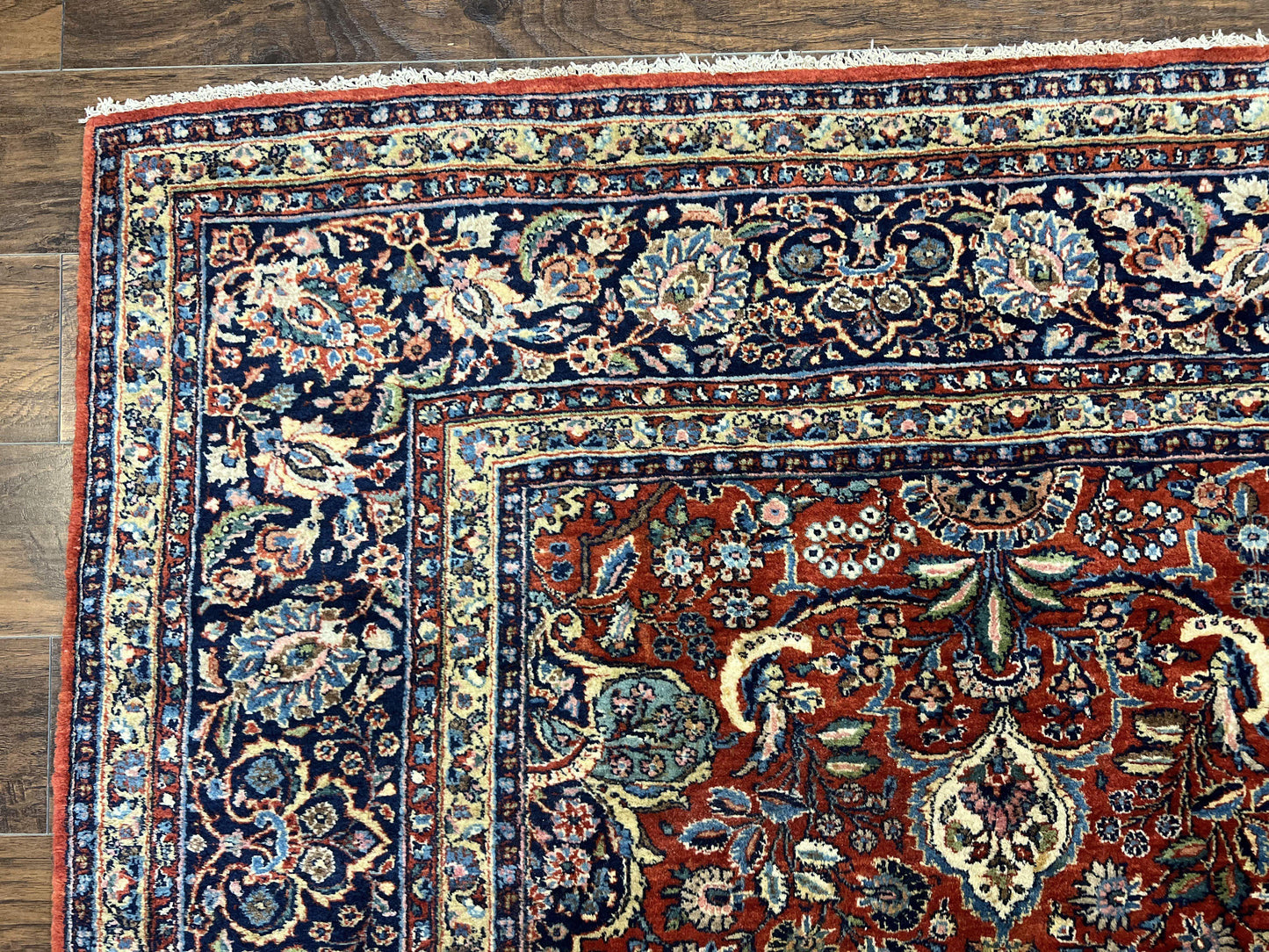 Persian Sarouk Rug 9x12, Red and Dark Blue Floral Allover Antique Persian Carpet, Handmade Wool Qazvin Rug - Nuvé