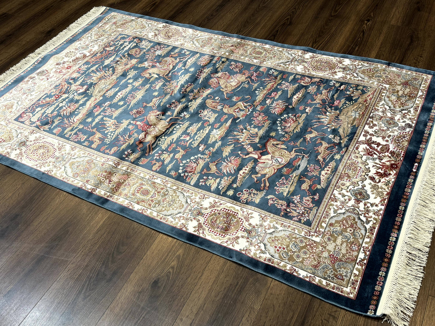 Turkish Silk Hunting Design Rug 4x6, Dark Steel Blue & Ivory, Bamboo Silk, New - Nuvé