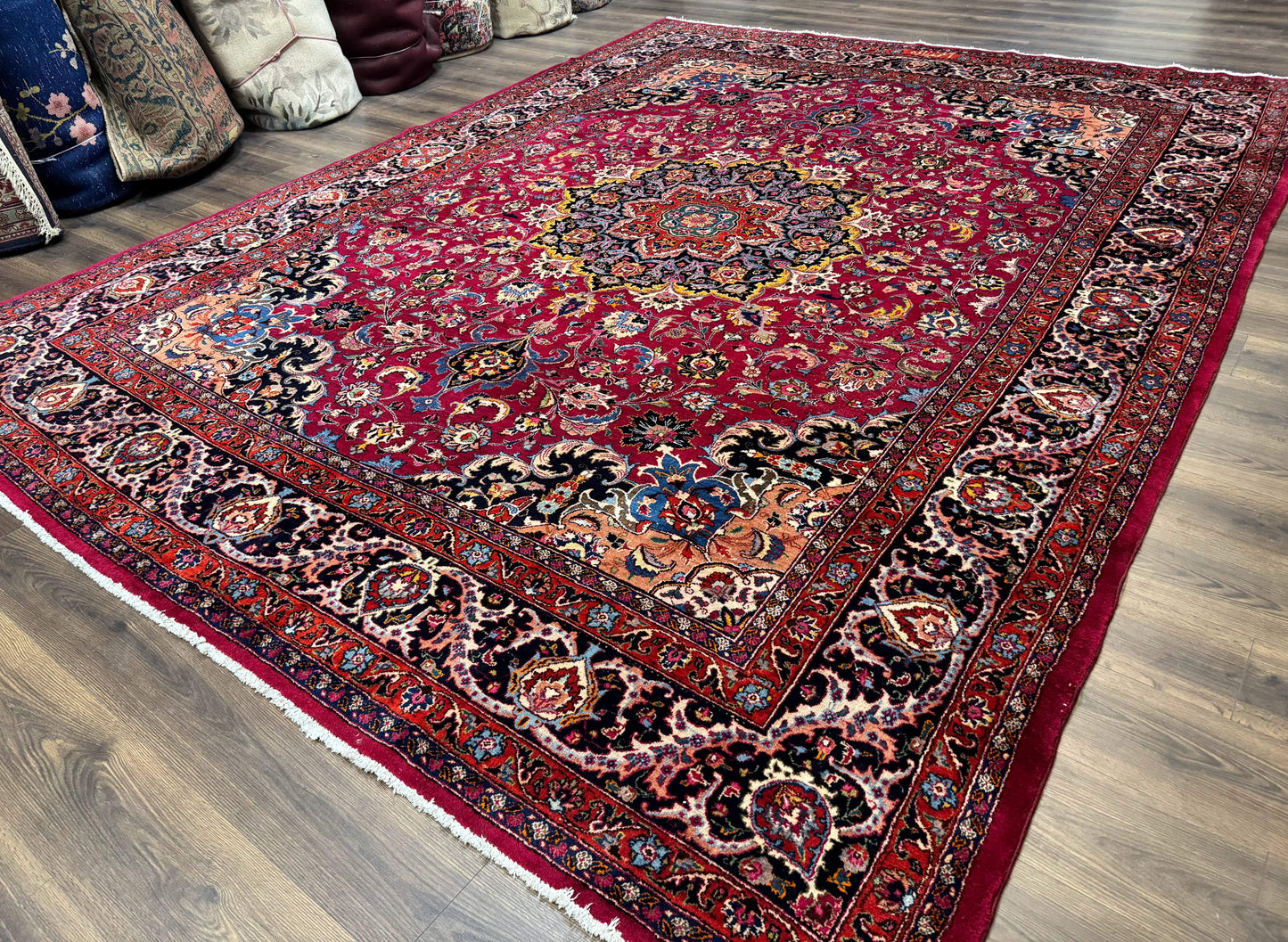 Red Persian Mashad Rug 10x13 - Floral Medallion Signed By Masterweaver - Nuvé