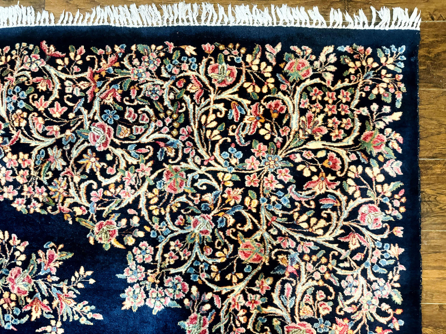 Antique Persian Kerman Rug 10x13, Navy Blue Floral Carpet, Fine 270 KPSI - Nuvé