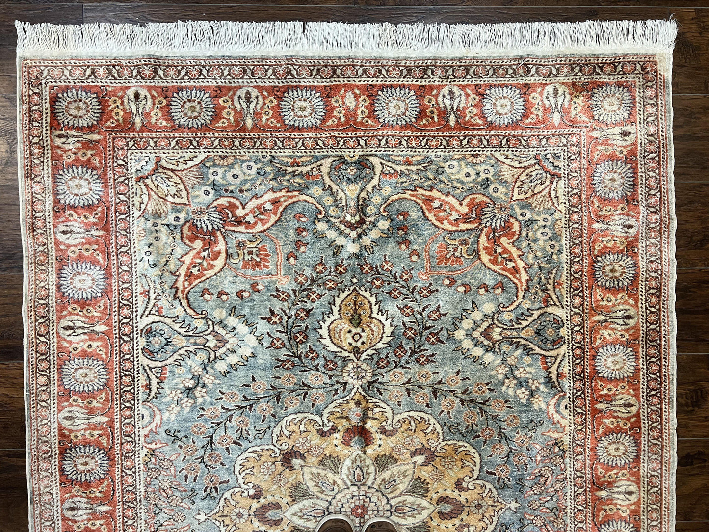 Silk Turkish Rug 5x7, Light Blue Silk Carpet, Floral Medallion, Turkish Kayseri Rug, Vintage Handmade Oriental Rug - Nuvé