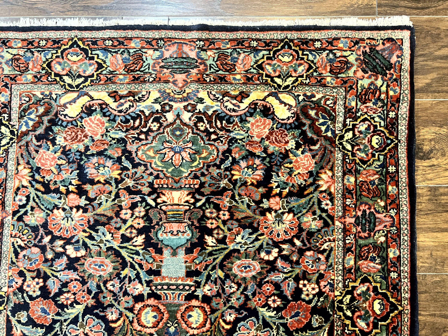 Persian Saoruk Rug 4x5, Navy Blue and Red, Floral, Antique Persian Wool Carpet, Handmade - Nuvé