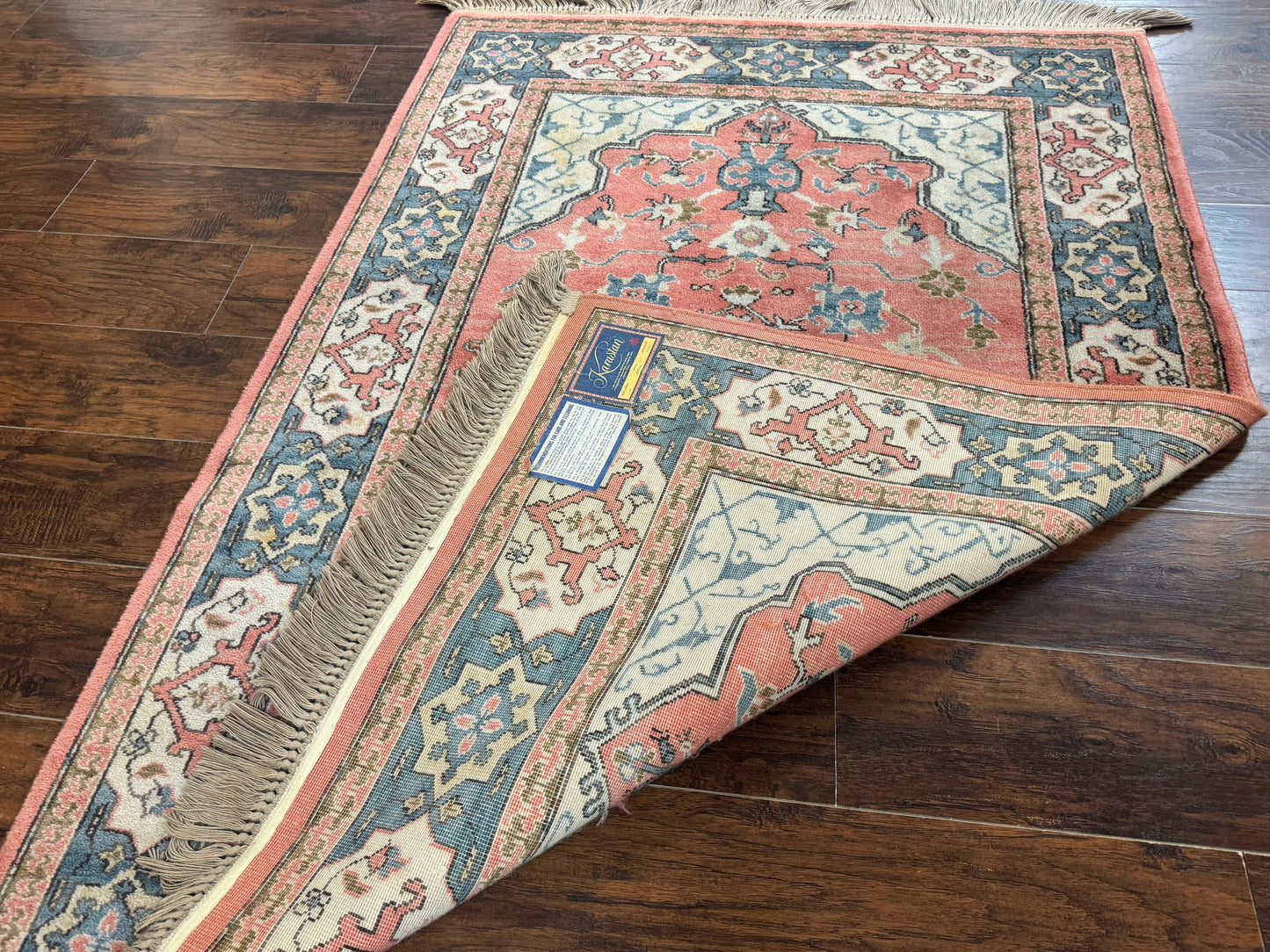 Karastan Rug 4x6 Bergama Design #737, Karastan Area Rug, Vintage Wool Karastan Carpet, Original Collection 700 Series, Salmon Red Light Blue - Nuvé
