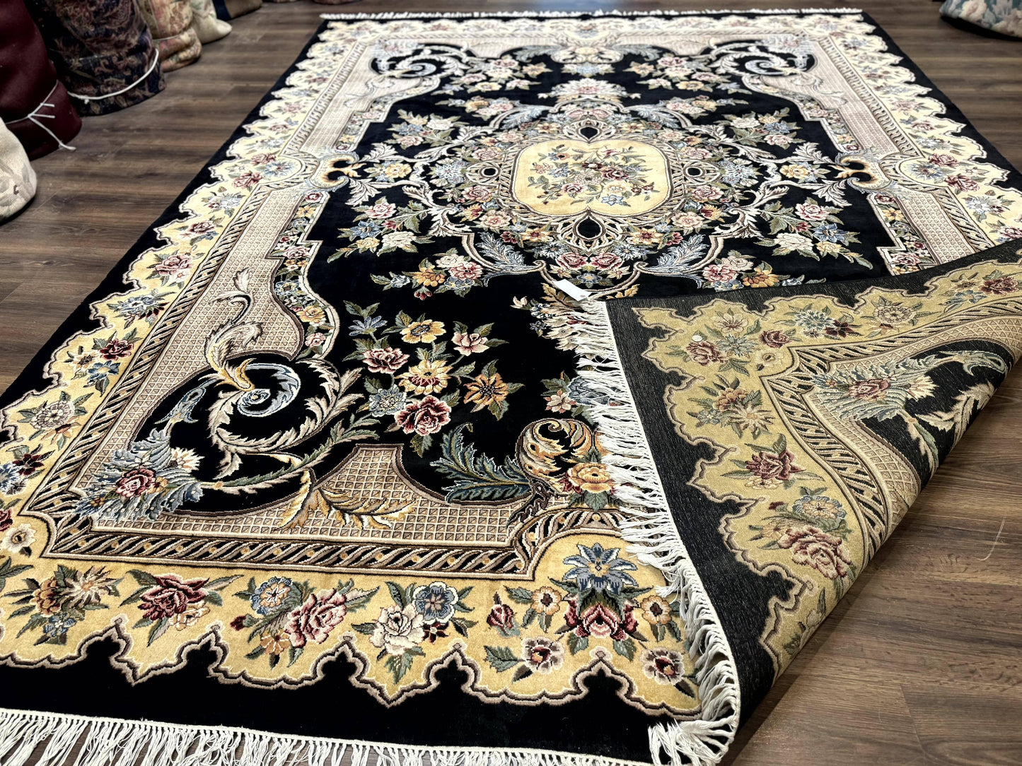 Aubusson Rug 9x12, Black and Beige, Floral, Elegant Handmade French European Design Carpet - Nuvé