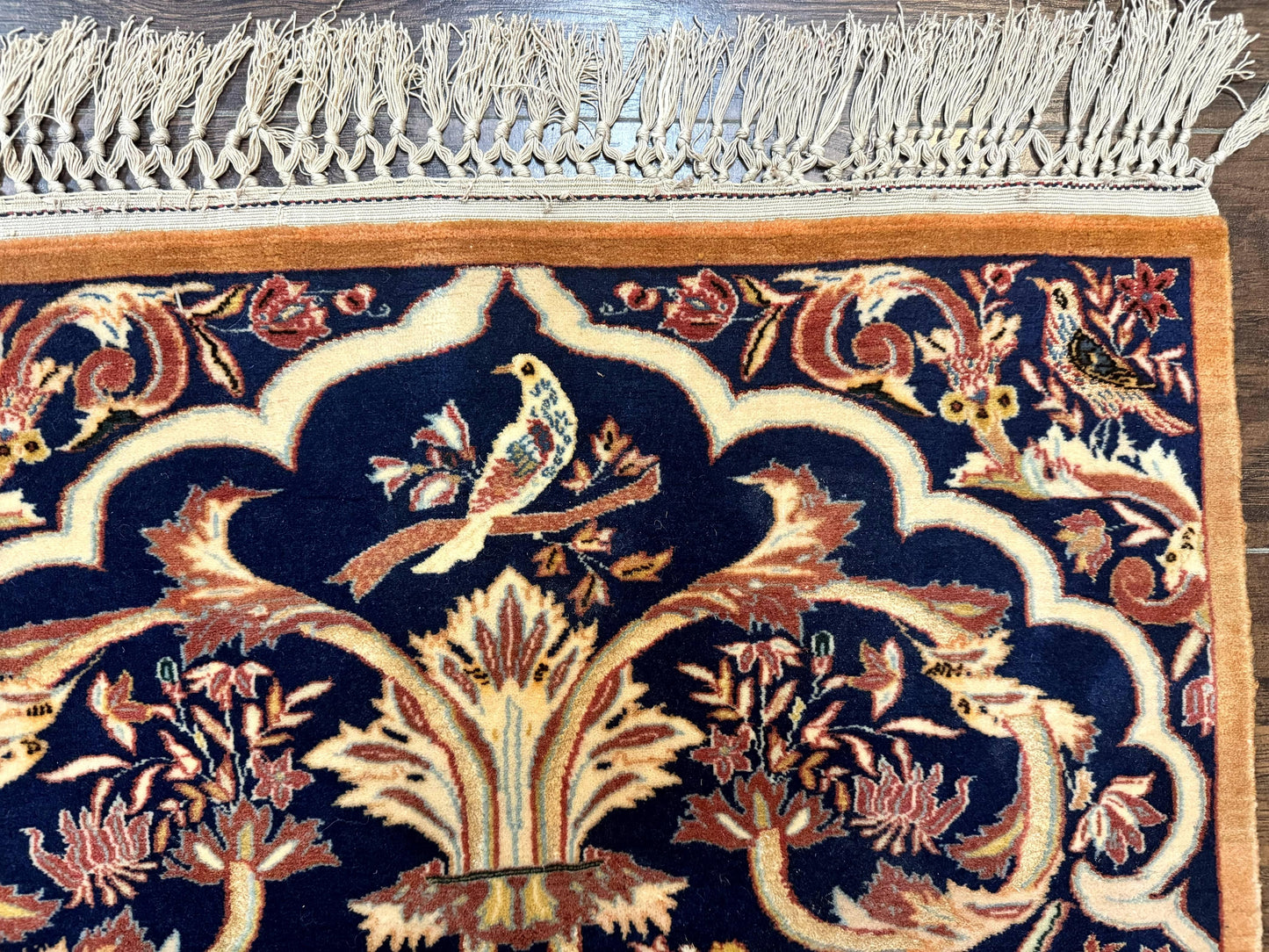 Persian Isfahan Rug 2x4, Birds, Navy Blue, Kork Wool on Silk Foundation, 460 KPSI - Nuvé
