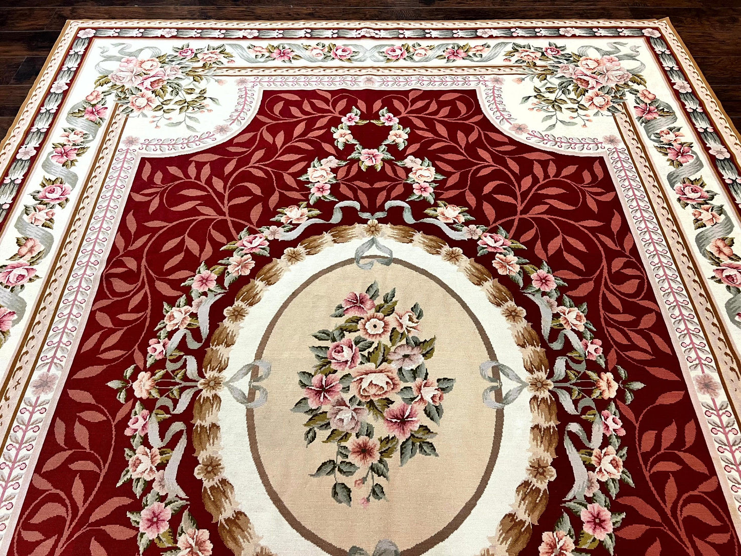 Wonderful Aubusson Rug 9x12, Handmade Vintage Needlepoint Carpet, Red and Ivory, Elegant European Design, Wool - Nuvé