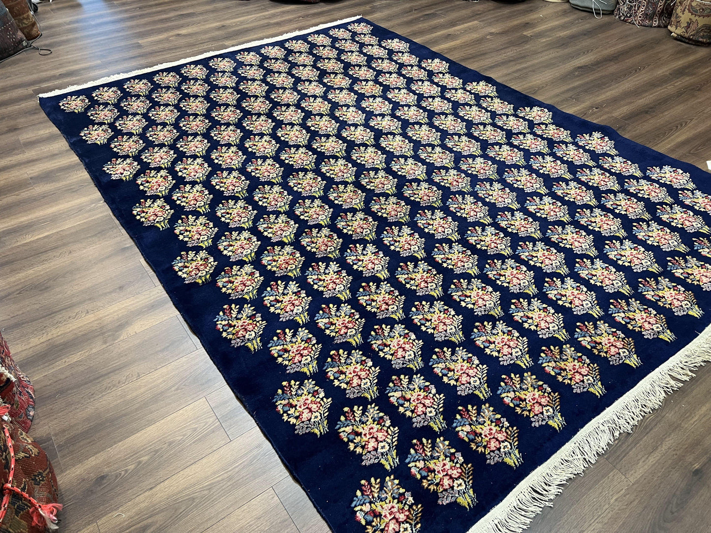 Persian Rug 9x12, Authentic Hand Knotted Carpet, Repeated Floral Motif Garden of Eden, Navy Blue Wool Rug 9 x 12, Semi Antique Kirman Rug - Nuvé