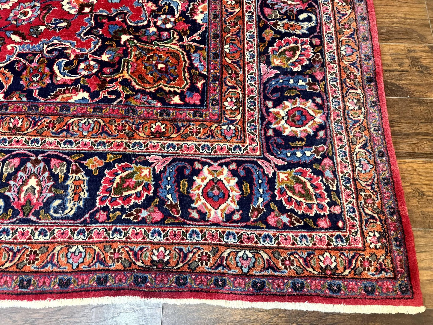 Antique Persian Mashad Rug 10x13, Red and Navy Blue, Great Colors, Signed By Masterweaver, Floral Medallion, Handmade Wool Persian Carpet - Nuvé