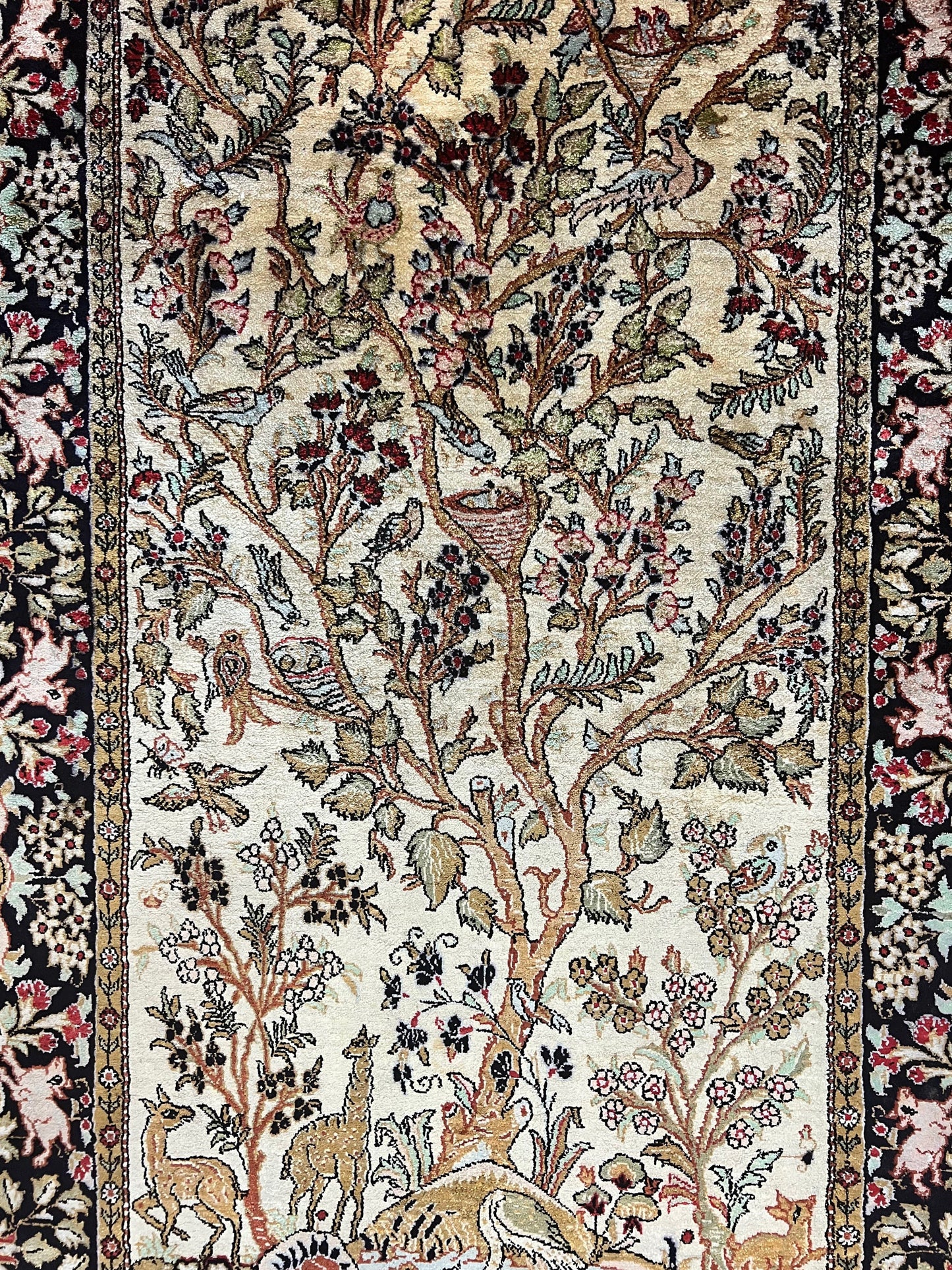 Silk Tree of Life Persian Qum Rug 3x4, Hand Knotted Vintage Carpet, Cream & Black, Very Fine Oriental Rug, Animal Pictorials, Birds - Nuvé