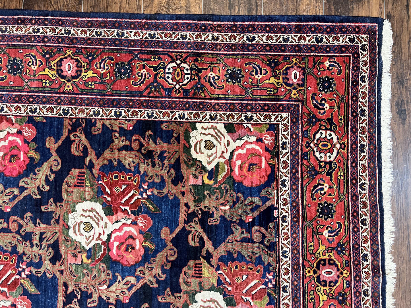 Persian Bidjar Rug 8x11, Floral Bouquets, Blue Black Red Pink, Handmade Hand Knotted Vintage Semi Antique Oriental Carpet - Nuvé