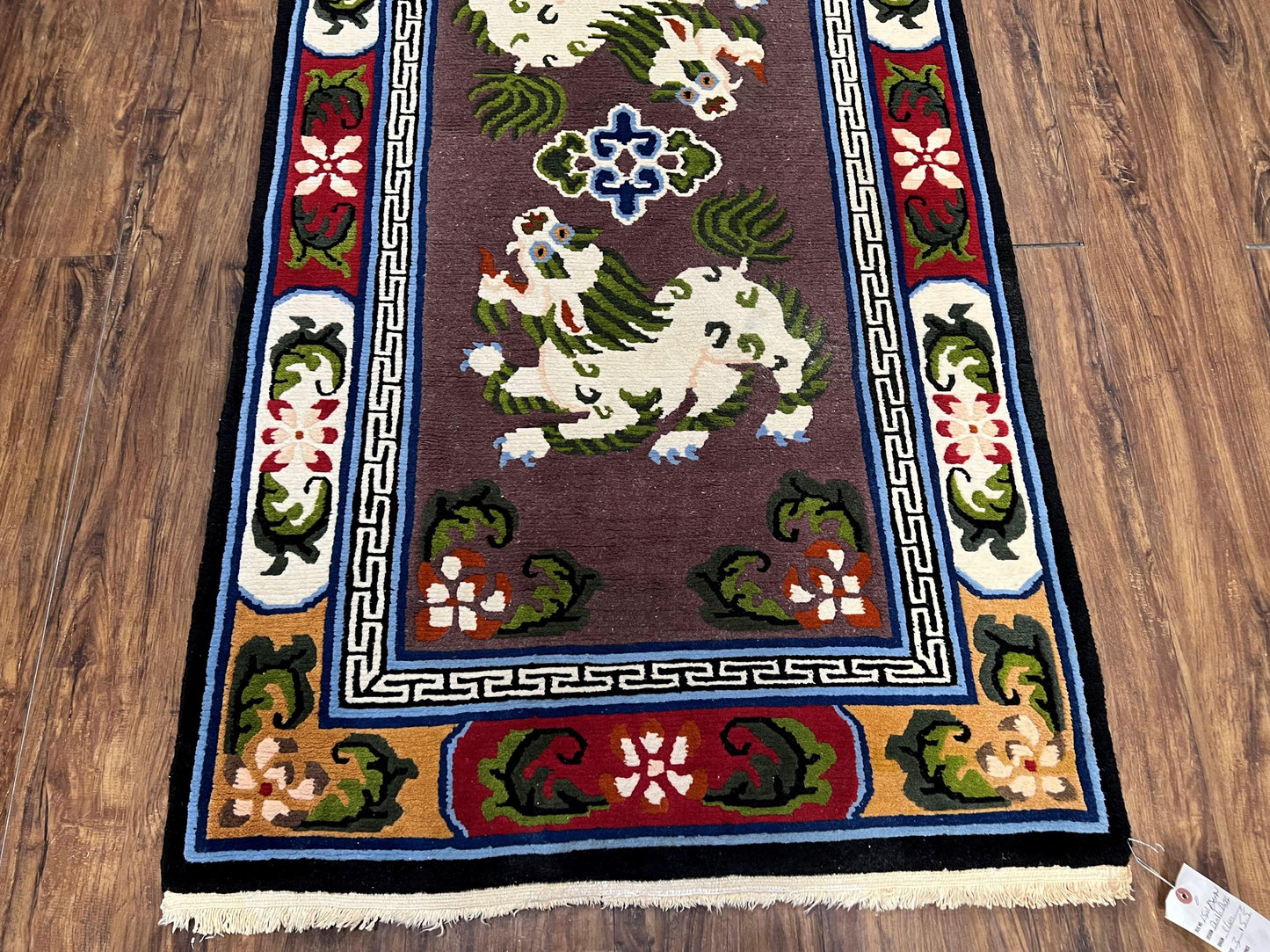 Chinese Art Deco Rug 3 x 5.5 with Animal Pictorials, Vintage Chinese Peking Wool Area Rug, Dark Puce Maroon Ivory, Hand Knotted Soft Carpet - Nuvé
