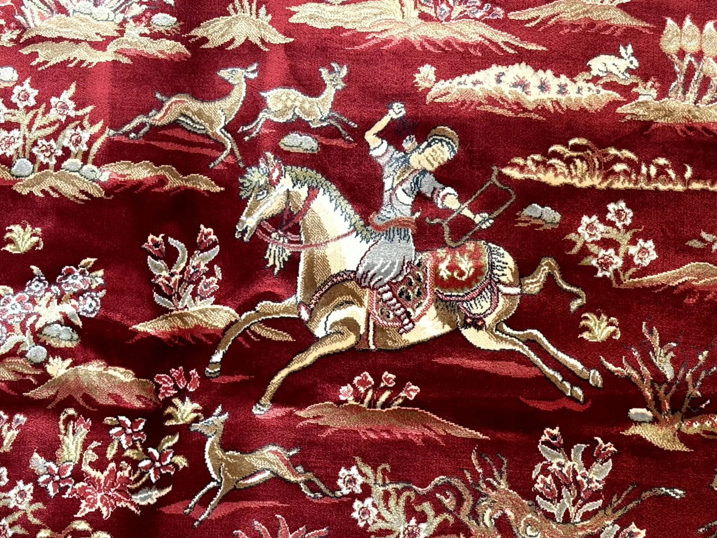 Turkish Silk Hunting Scene Rug 5 x 7.6, Red & Ivory, Bamboo Silk, New - Nuvé