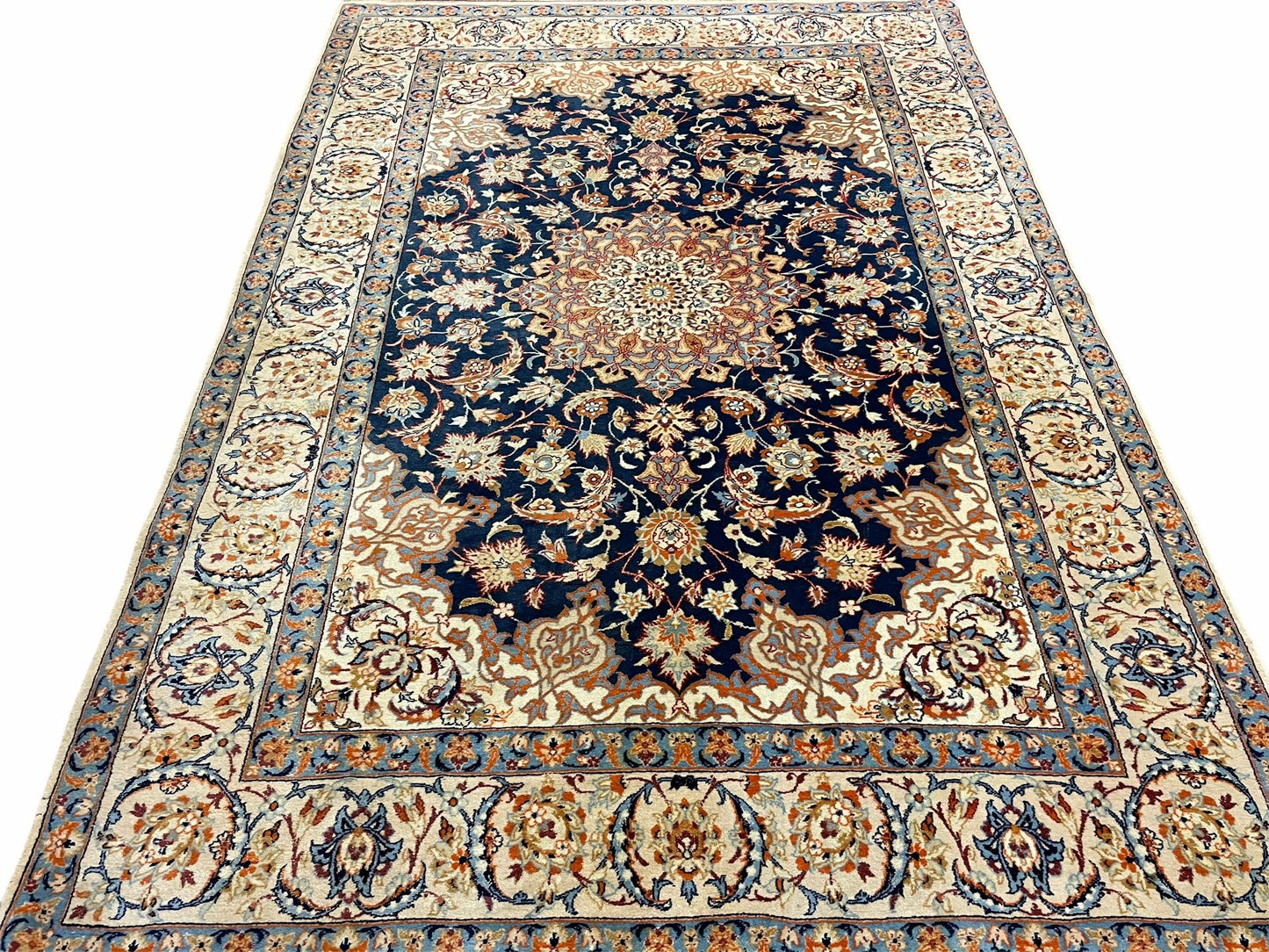 Persian Isfahan Rug 4x5, Navy Blue & Ivory, Wool and Silk Highlights - Nuvé