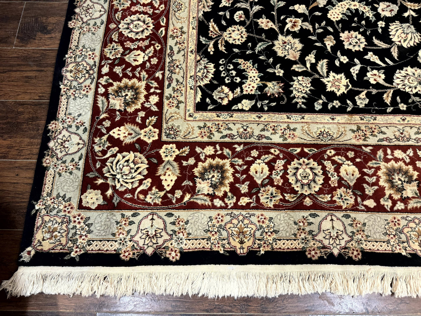Sino Persian Rug 9x12, Fine Elegant Oriental Carpet 200 KPSI, Black and Dark Red, Allover Floral - Nuvé