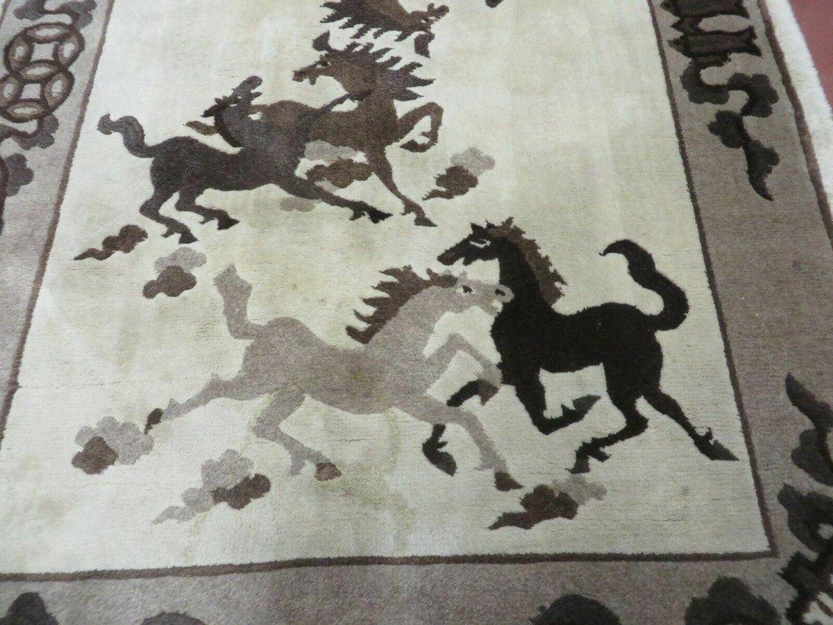 4' X 6' Modern Tibetan Nepal Art Deco Chinese Hand Knotted Wool Rug Horses Nice