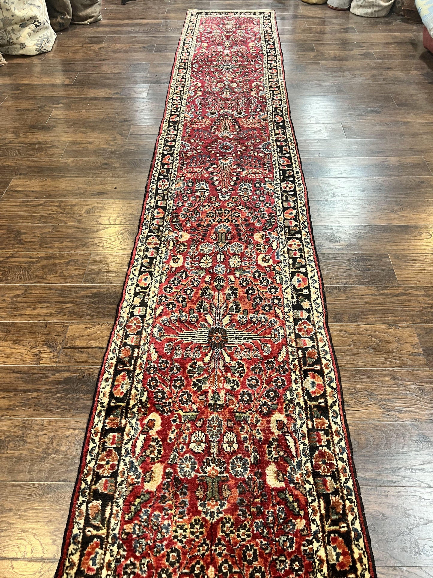 Antique Persian Runner Rug 2.9 x 17, Rare Sarouk Runner, Handmade Wool Rug for Hallway, Red, Floral - Nuvé